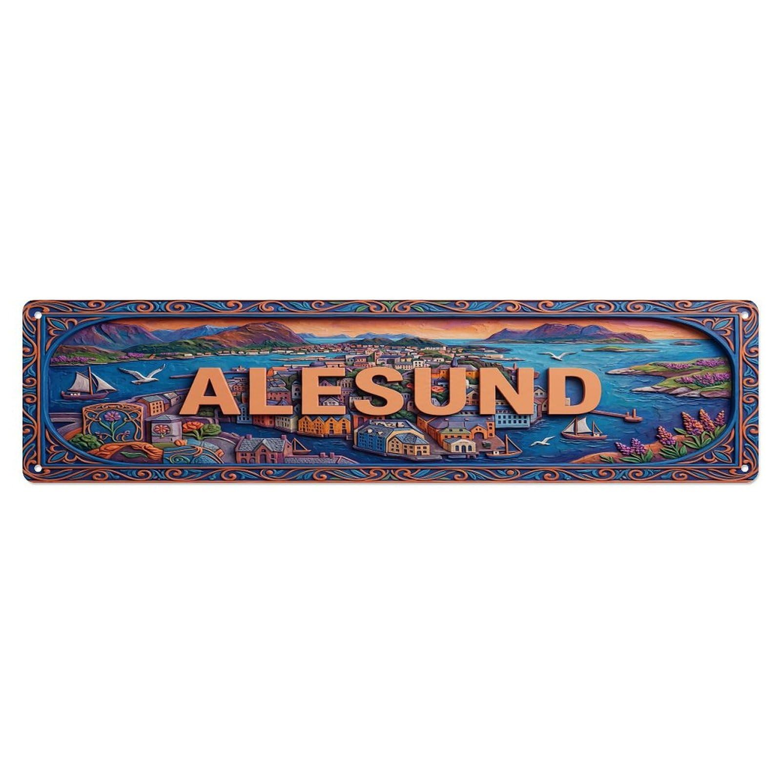 Cmhok Vintage Style Vintage Alesund Norway Flag Pattern Metal Tin Sign Wall Decor For Cafe, Club, Garden Metal Poster 4X16inch