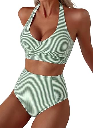 Herseas Womens High Waisted 2 Piece Halter Patch Pocket Stripe Bikini Sets