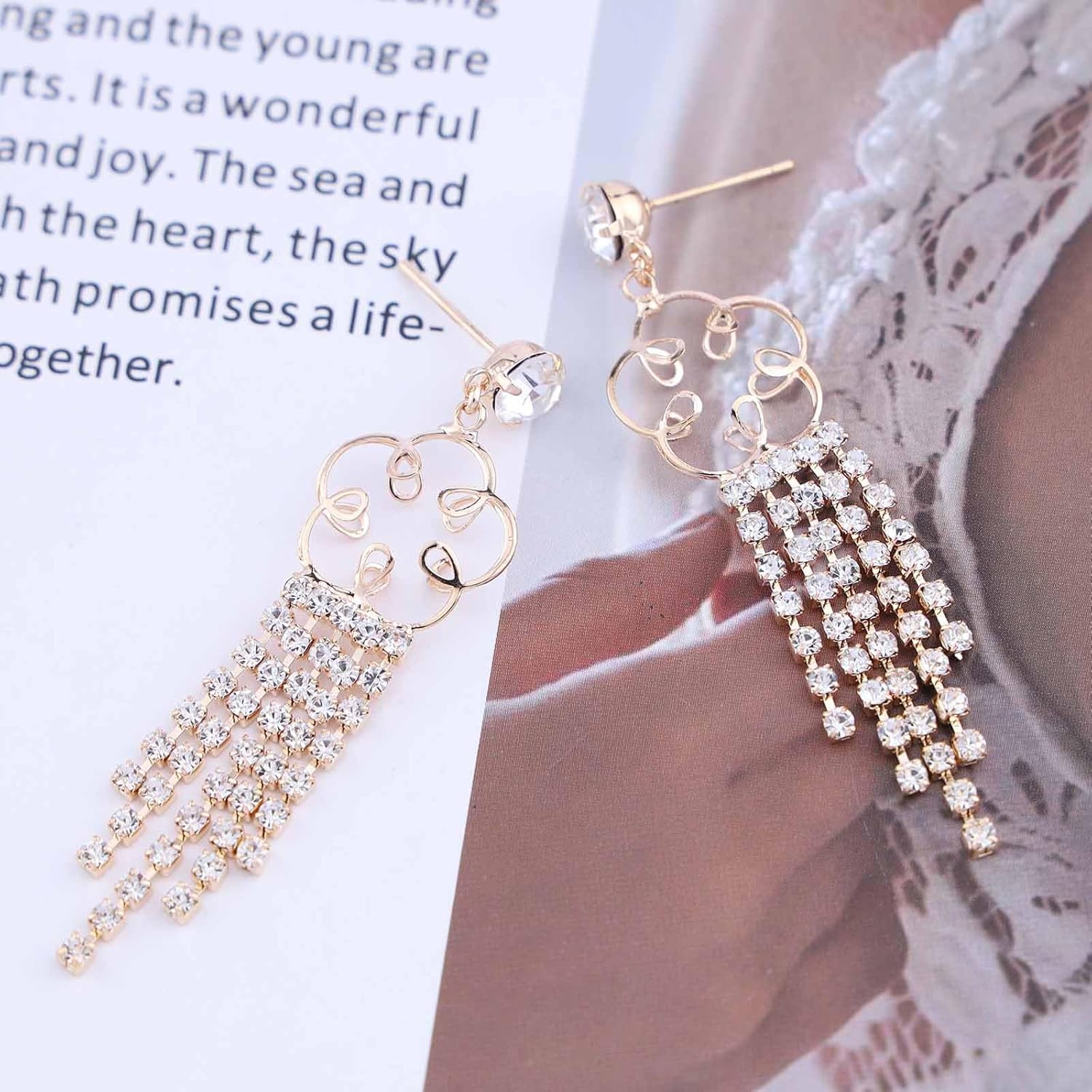 Boho Chandelier Dangle Earrings Rhinestone Flower Tassel Earrings Long Crystal Chain Drop Earrings Gold Hollow Flower Stud Earrings CZ Wedding Earrings Jewelry for Women - Image 4