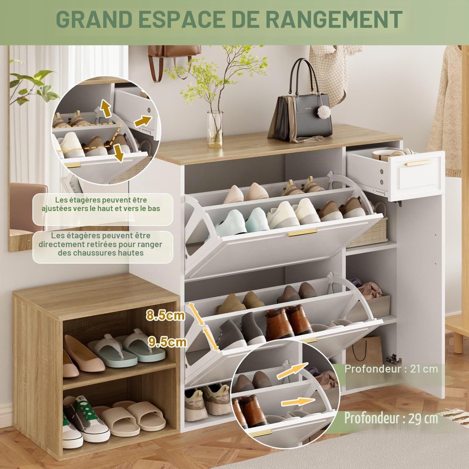 Sweiko Ensemble entrée 4 pièces avec Rangement Chaussures et 1 tiroir, Meuble d'Entrée avec Miroir et patère Murale, Armoire compacte avec Étagères Ouvertes pour Hall, Couloir (Natural+White)