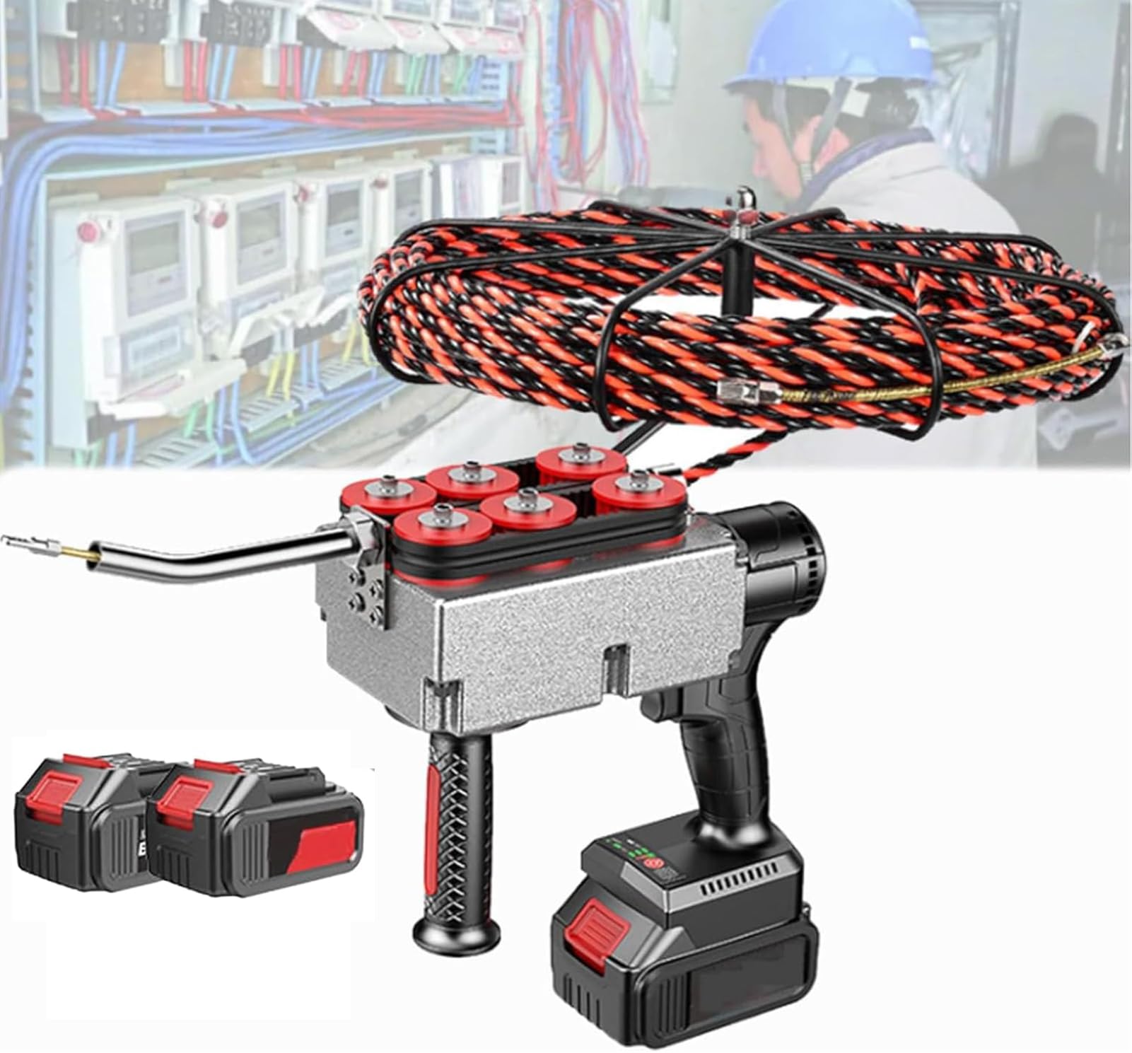 BOOZXCV Electrician's Cable Pipe Threading Device, Automatic Wire Stringing Machine, Wire Cable Puller, 40m/Min Cordless Electric Stringing Wire Puller, For Construction Hydropower (2 Battery 30m)