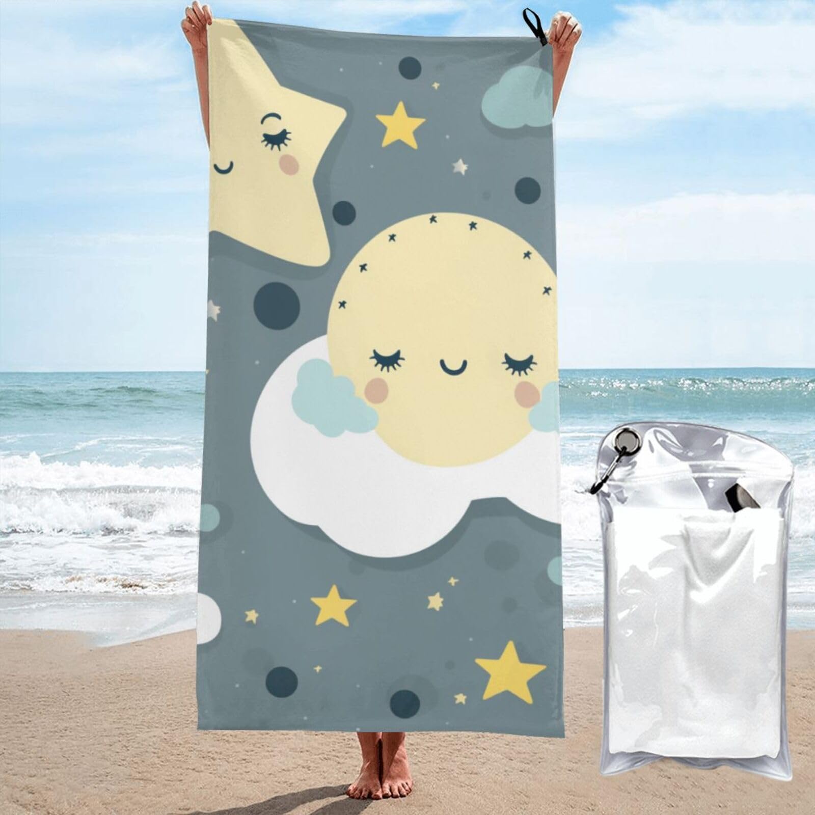 BWWHCCTI Moon Cloud Star Printed Microfiber Quick Dry Beach Towel 80x160 CM, Fast Drying Bath Towels with Bags for Travel,Camping,Gym,Beach,Swimming,Yoga