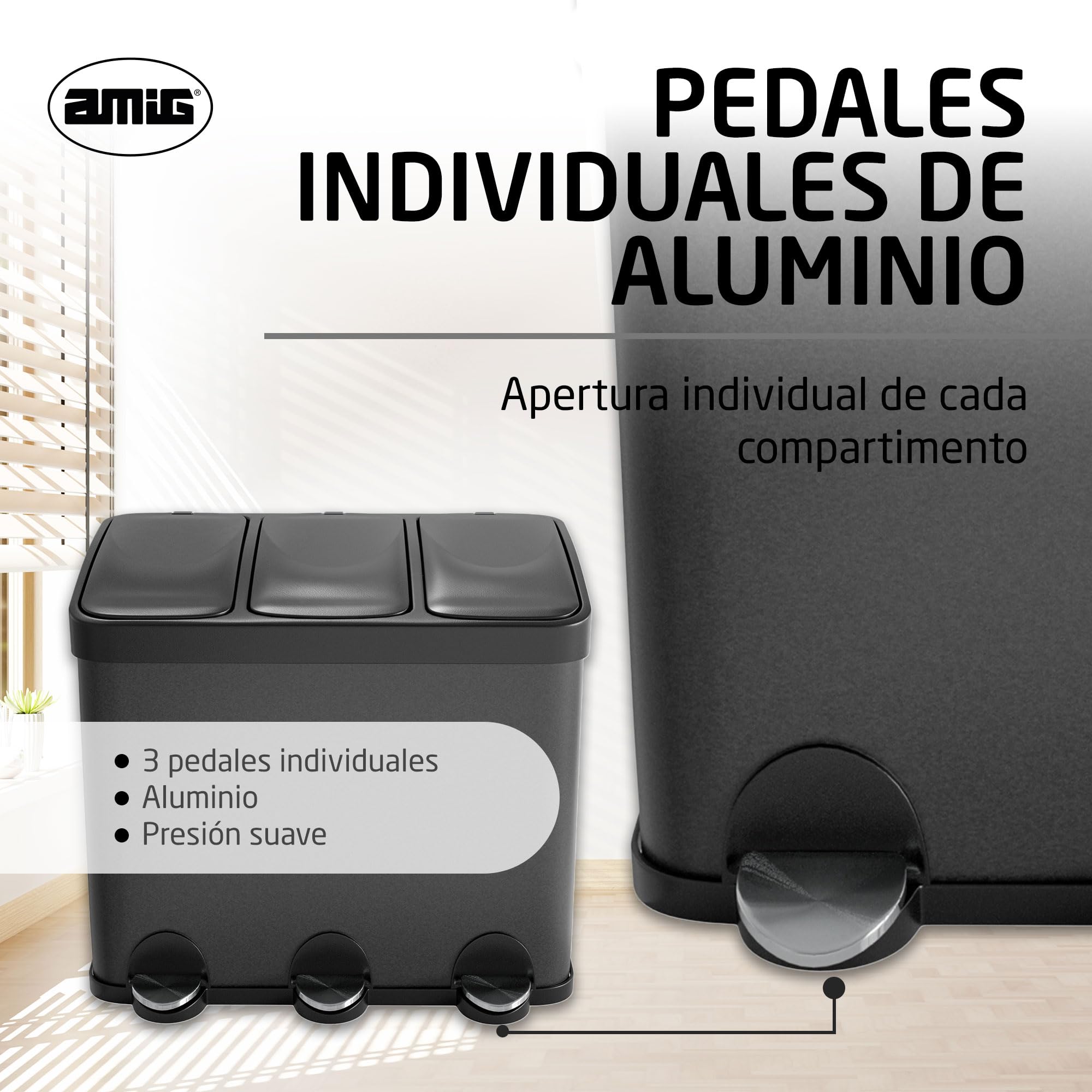 Amig - Cubo de Basura Triple con Pedales 45 litros - 3 Compartimentos Extraíbles de 15 litros - Cubo de Reciclaje para Cocina - Acero - 60 x 37 x 49 cm - Negro Mate