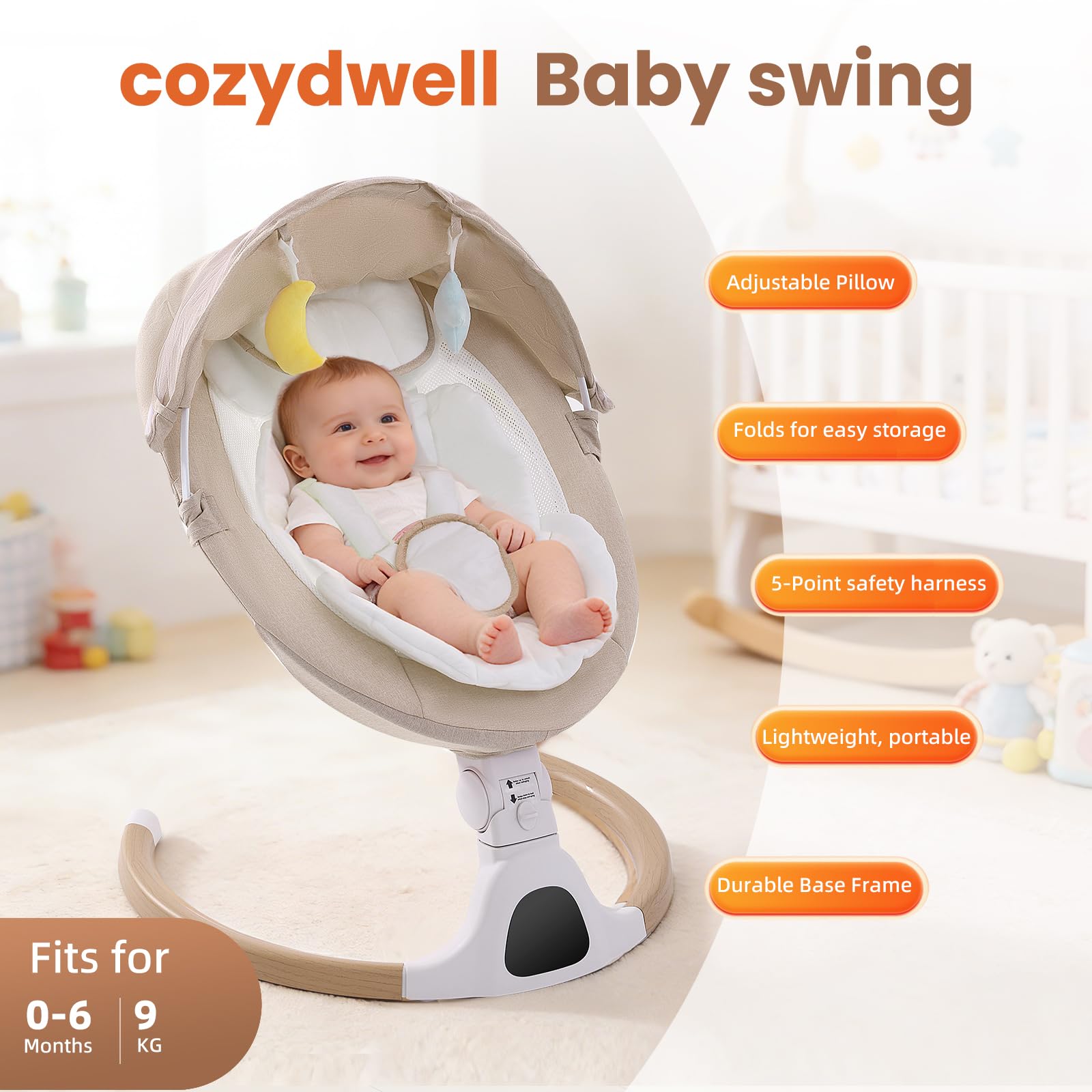 Silla mecedora eléctrica para bebé desde el nacimiento, 0-6 meses (beige)