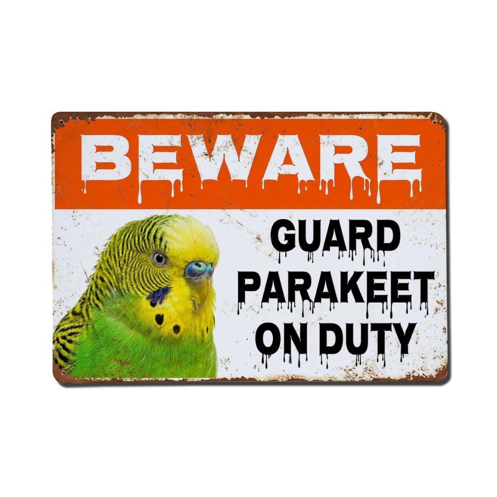 Vintage Funny Parakeet Guard Beware of Bird Terrace Metal Tin Sign