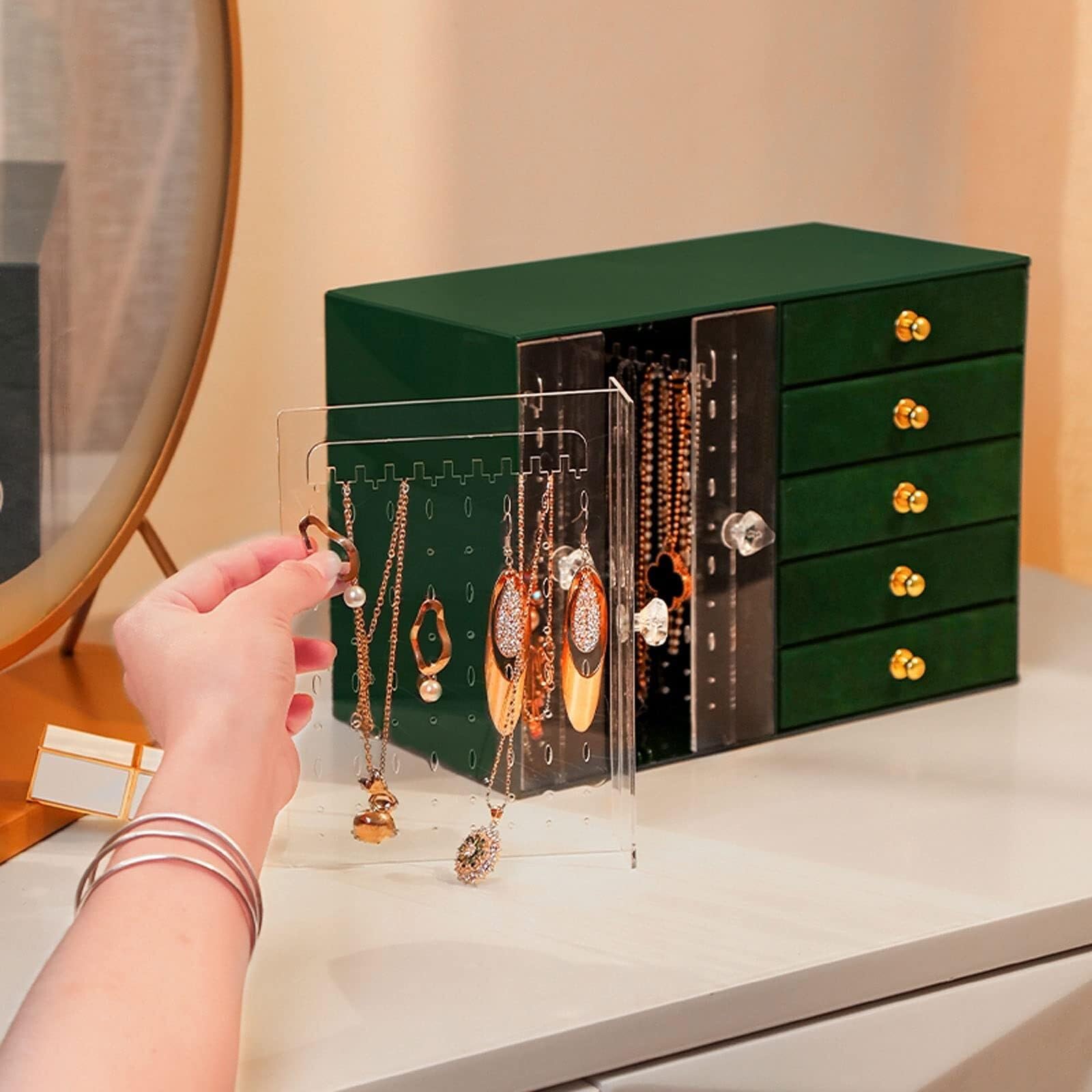 Organizador de Joyas con 5 cajones y 3 Soportes extraíbles para Pendientes, Forrado de Terciopelo, para Anillos, Pulseras y Collares.