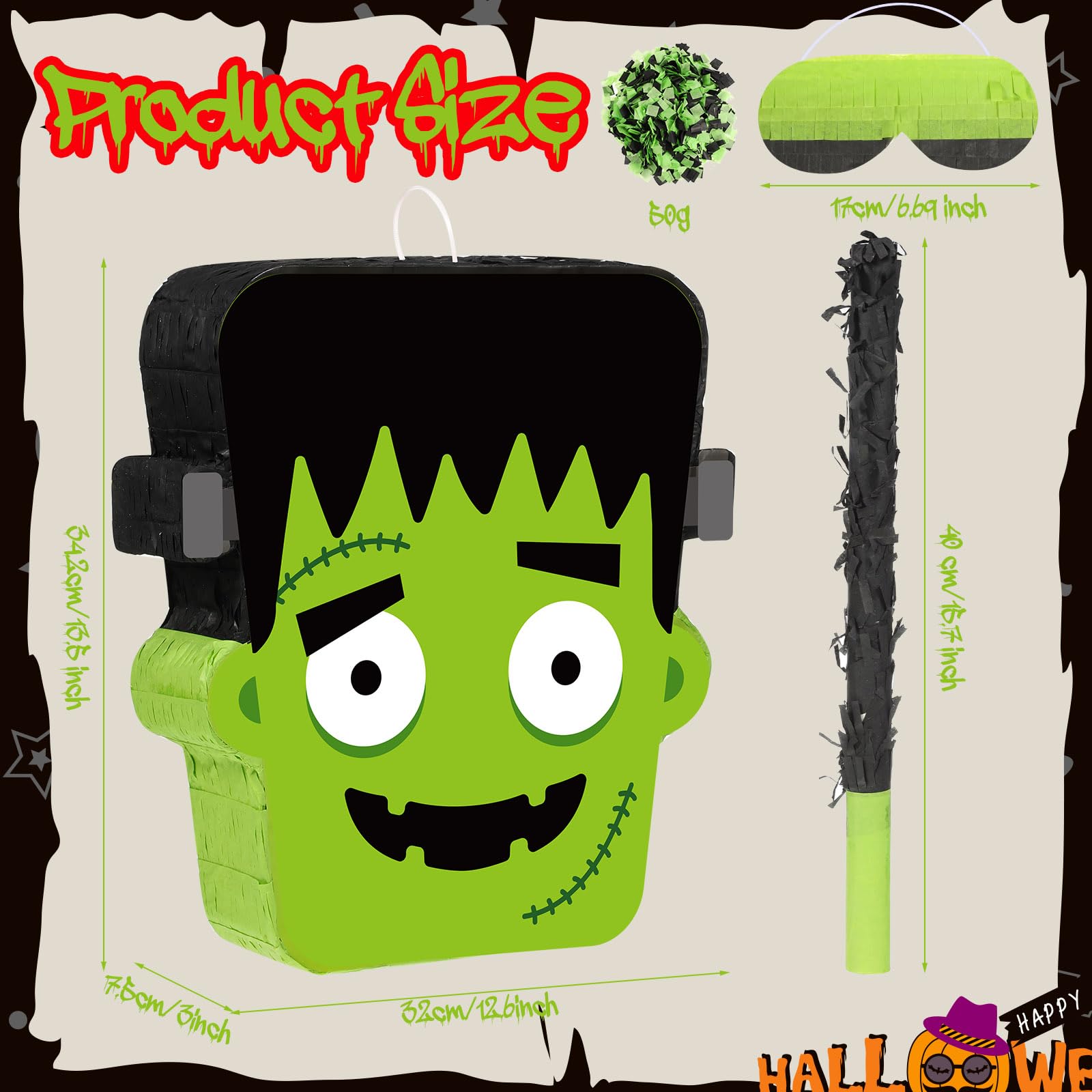 Aoriher Halloween Pinata Green People Pinata Devil Pinata Mexican Pinata with Stick Blindfold and Confetti for Halloween Birthday Fiesta Game Supplies