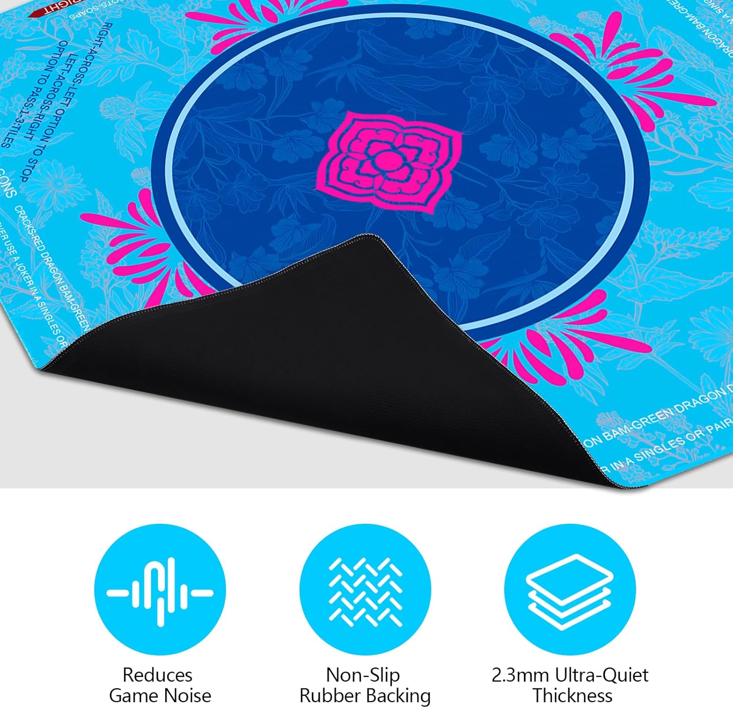 Mahjong Mat, 31.5x31.5 Inch Neoprene Gaming Surface with Rules, Anti-Slip Noise Reduction Table Cover for Tiles and Cards, Includes Storage Bag, Blue