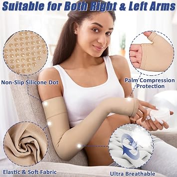 beister Lymphedema Medical Compression Arm Sleeve with Gauntlet for Men & Women (Single), 20-30 mmHg Full Arm Support with Dot Silicone Band, Graduated Compression Arm Brace for Swelling, Arthritis | Secure silicone-dot grip; firm graduated pressure; swelling and arthritis management; daily care and post-surgical recovery