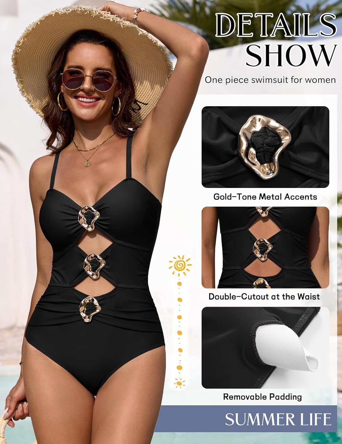 One Piece Swimsuit for Women Cutout Monokini Ruched Sexy Swimwear Color Block Metal Bathing Suit with Straps - Image 4