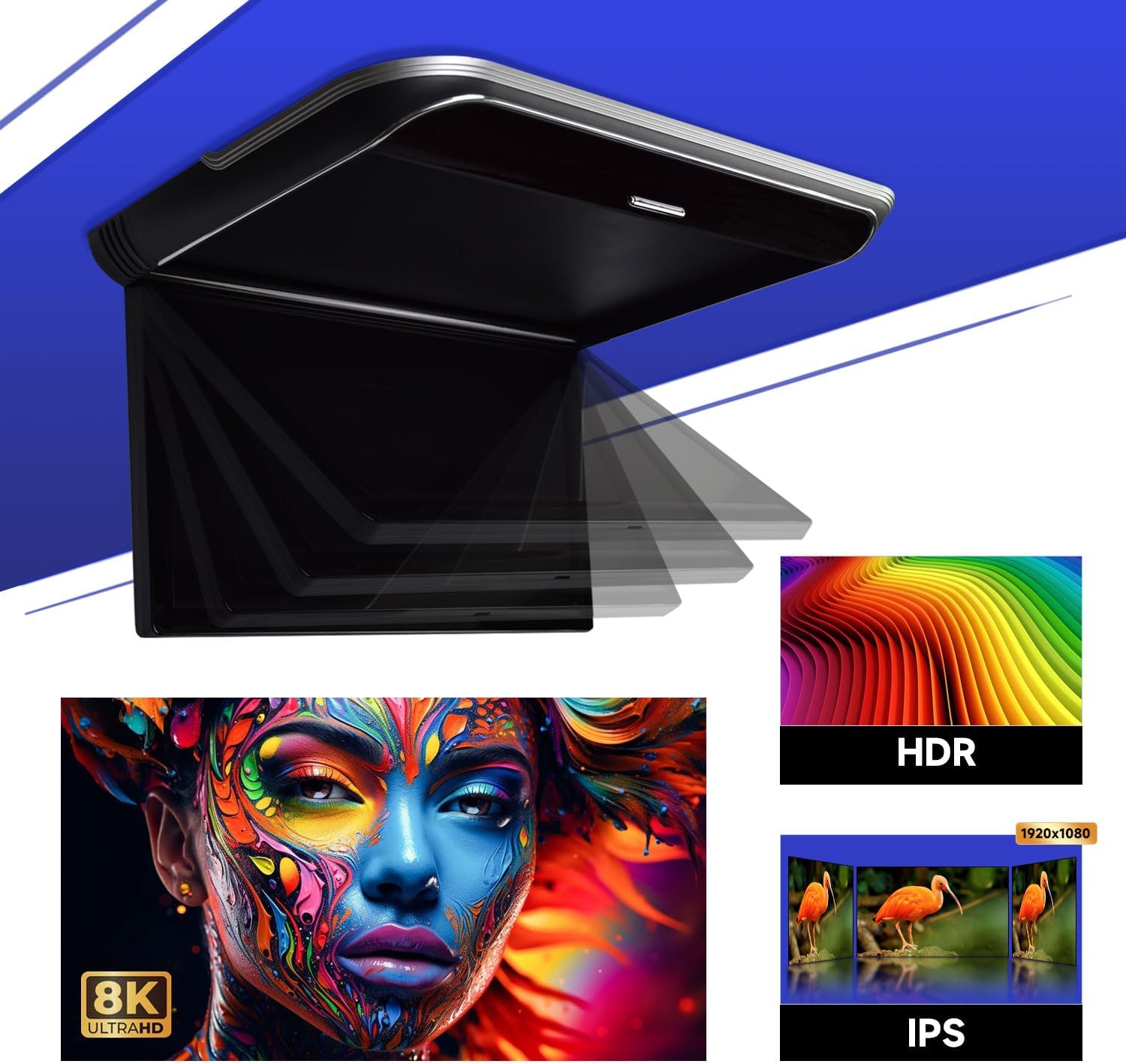 17.3 Inch Android Car Flip Down Overhead Monitor Ceiling Wide IPS Screen 1080P Android System 8K Video Built in Speakers Support Bluetooth 5.0 WiFi HDMI USB