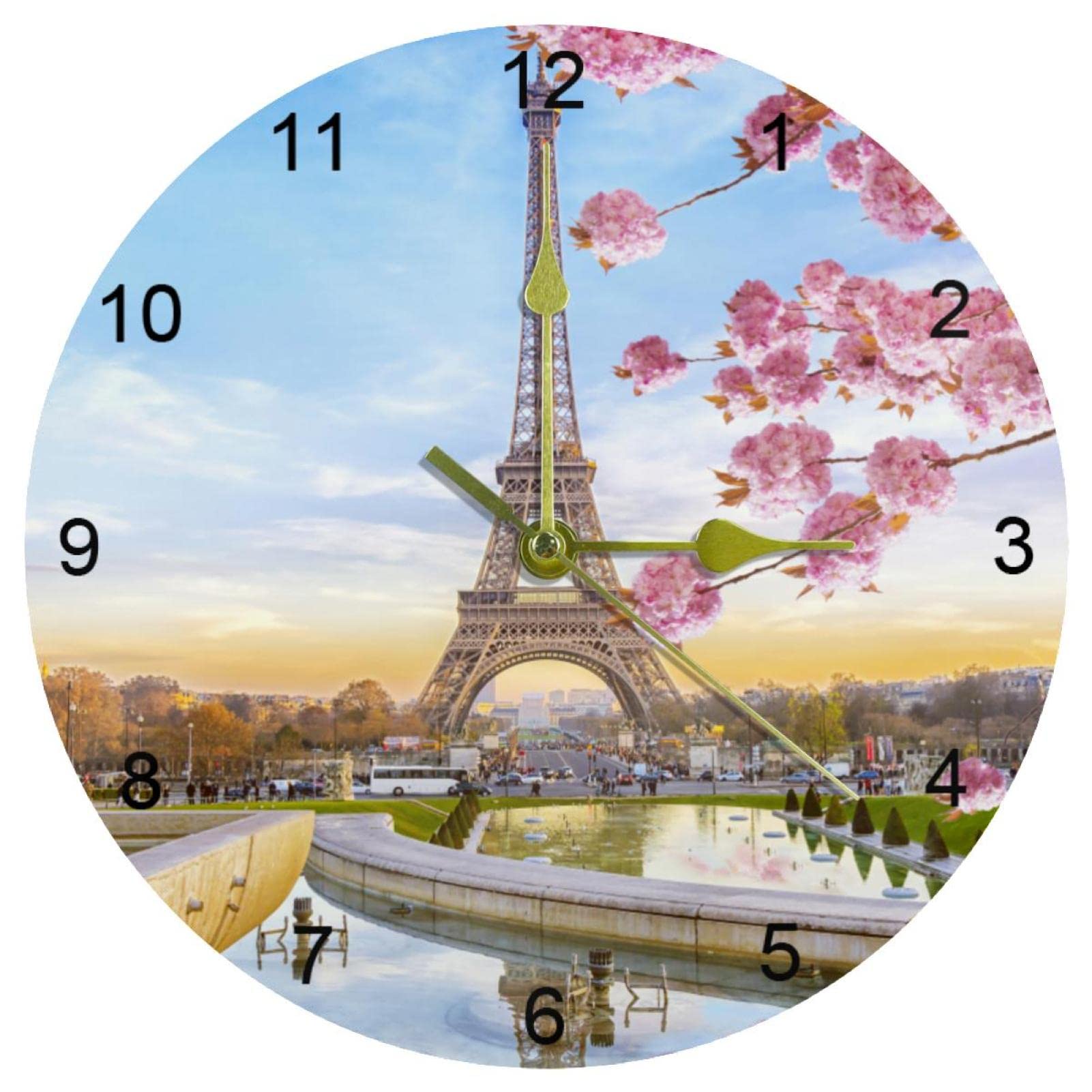 Horloge murale quartz 25 cm Tour Eiffel vintage fleurie et silencieuse pour salon