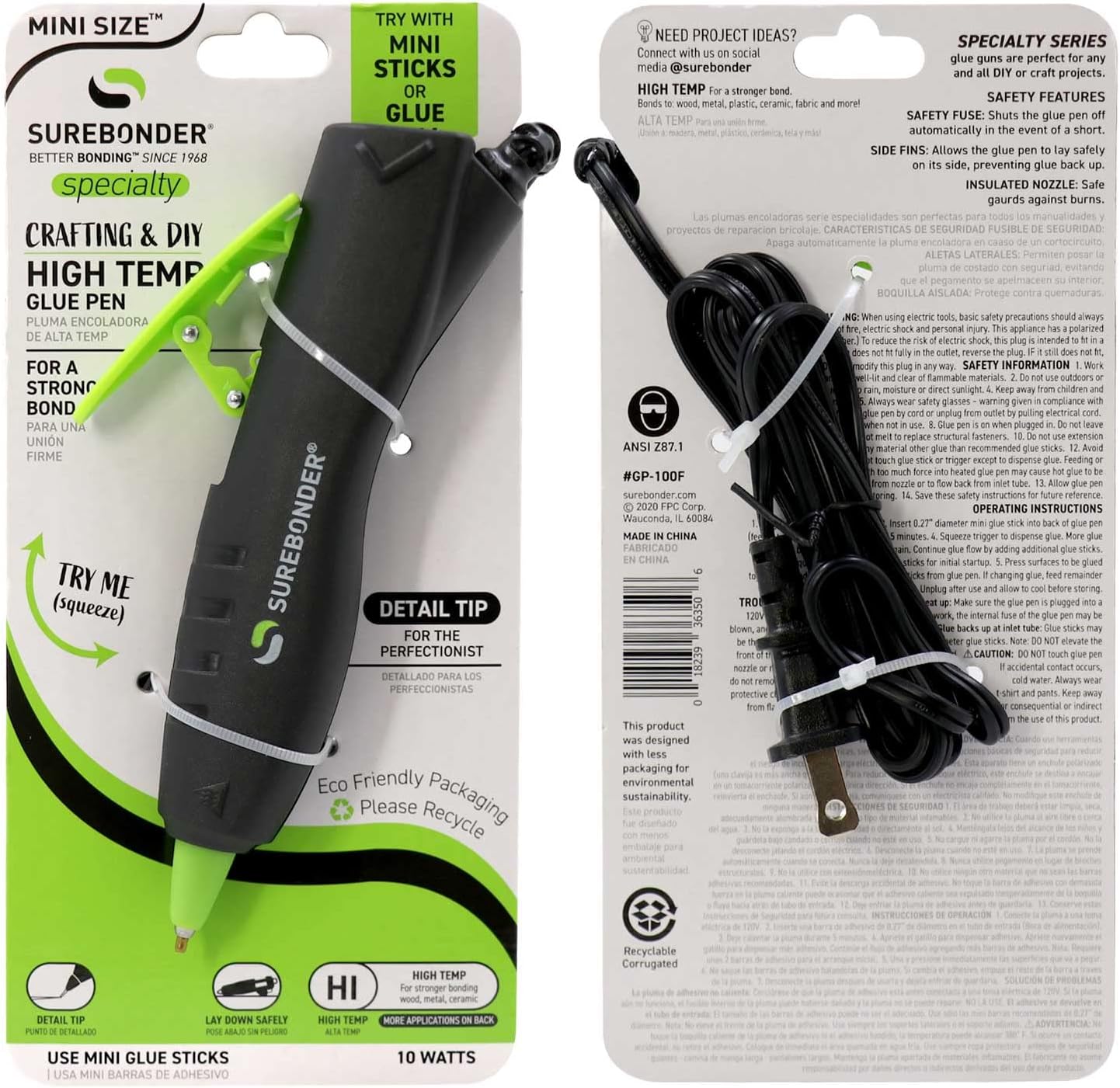 Surebonder GP-100F Ergonomic Detail Tip Mini-Size Hot Glue Pen for Precision Crafting and Repairs, 10 Watts, Corded, Black