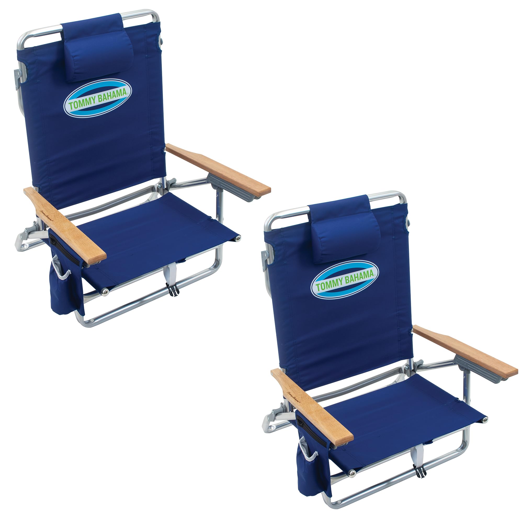 5-Position Lay Flat Beach Chair, Navy, 2-Pack