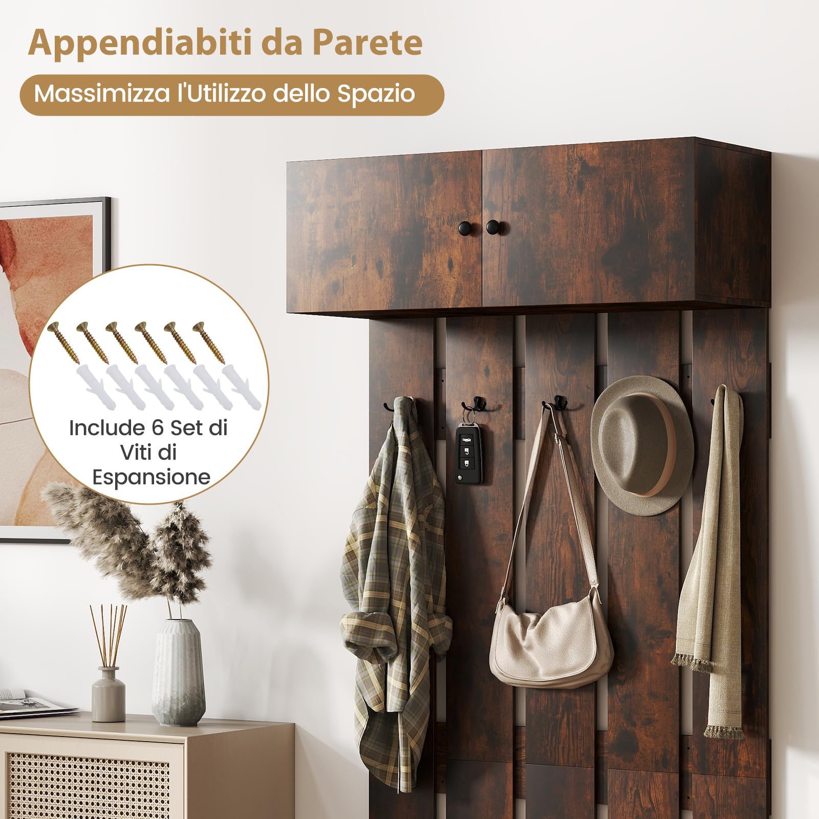COSTWAY Appendiabiti da Parete per Ingresso, Attaccapanni in Legno con 5 Ganci Doppi e Armadietto a 2 Ante, Mensola Salvaspazio per Camera da Letto, Soggiorno e Cucina, 90 x 33 x 210 cm (Marrone)