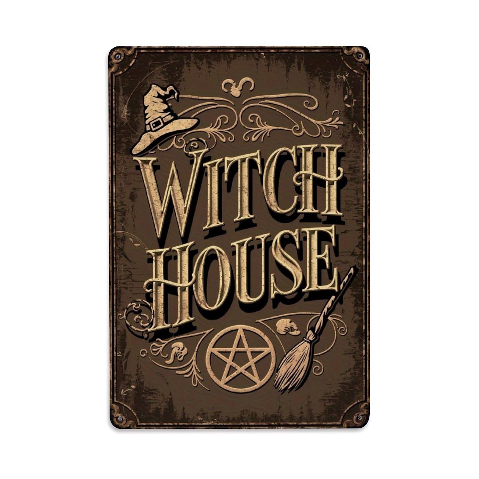 Witch Hat Pentagram Broom Skull Vintage Tin Sign Retro Metal Wall Decor Metal Poster, Home Bar Garage Farmhouse Cafe Wall Art Decoration 8x12Inches