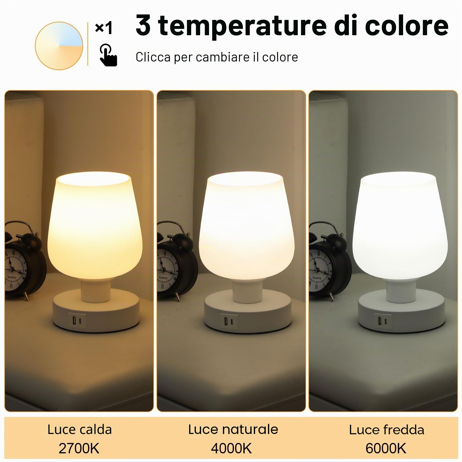Lightess Touch - Lampada da comodino touch, regolabile, per camera da letto, con porte di ricarica USB A+C, moderna, piccola, con paralume in vetro opale bianco e lampadina LED, temperatura del colore