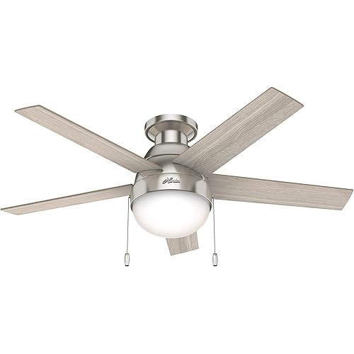 Hunter Fan Company 50278 Hunter Anslee Indoor Low Profile Ceiling Fan with LED Light and Pull Chain Control, 46", Brushed Nickel Finish