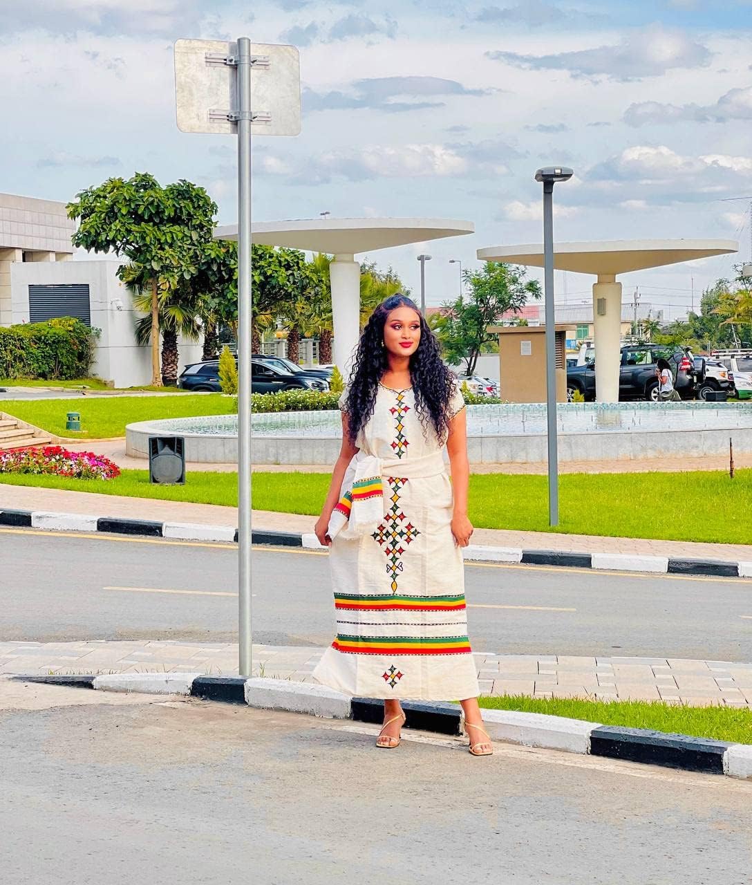 Authentic Ethiopian Hand-Embroidered Coffee Dress with Scarf and Belt: A Traditional and Timeless Work of Art
