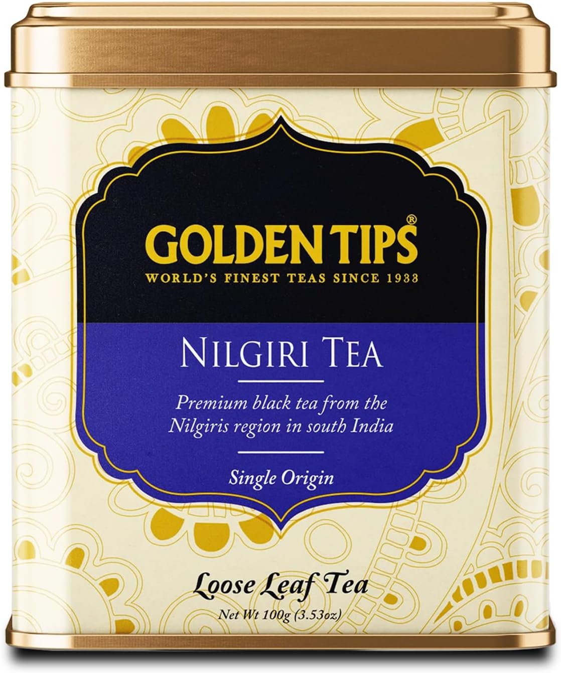 Golden Tips Nilgiri Black Tea Loose Leaf Tin Can Premium Indian Chai Bold Taste & Rich Aroma Fresh Smooth Liquor High Grown Full Leaf Beverage (100g, 50 Cups)