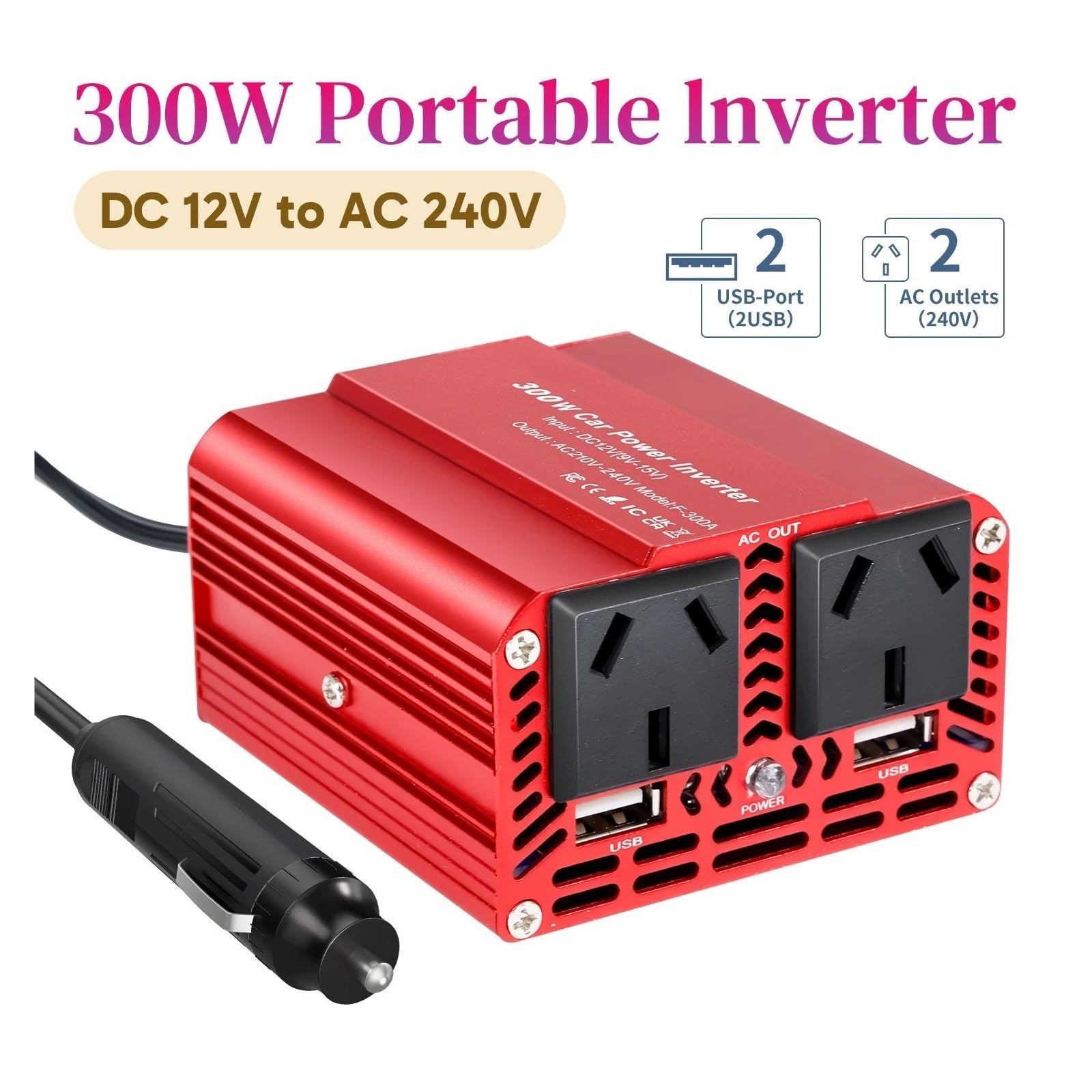 Convertidor Adaptador Inversor Coche 300W 200W Portátil 12V 220V 240V Convertidor Encendedores Cigarrillos Salida USB Carga Rápida Teléfono/PC/cámara inversor