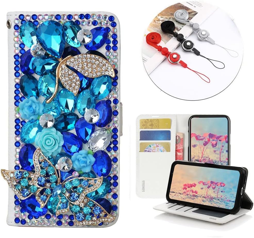 STENES Bling Wallet Phone Case Compatible with iPhone 11 Pro Max - Stylish - 3D Handmade Pretty Butterfly Flowers Design Leather Cover with Neck Strap Lanyard [3 Pack] - Blue