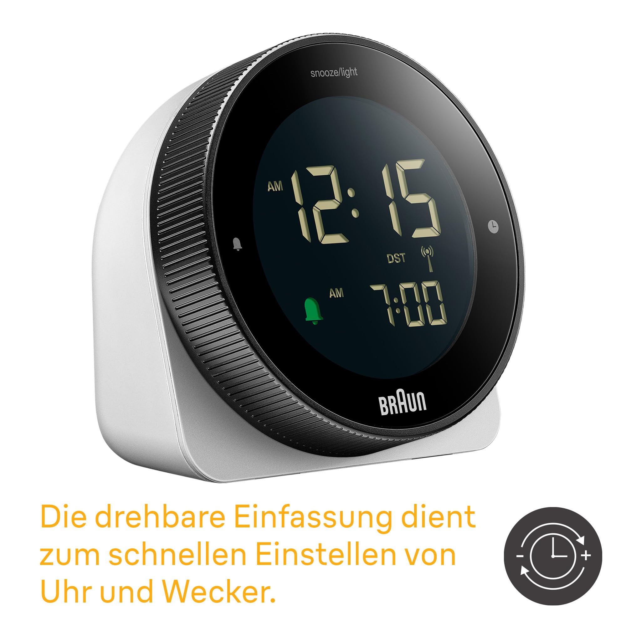 Braun digitaler Funkwecker für die mitteleuropäische Zeitzone (DCF) mit Schlummerfunktion, umgekehrtem LCD-Display, drehbarer Lünette für schnelle Zeiteinstellung, Piepton-Alarm in Weiß, BC24W-DCF