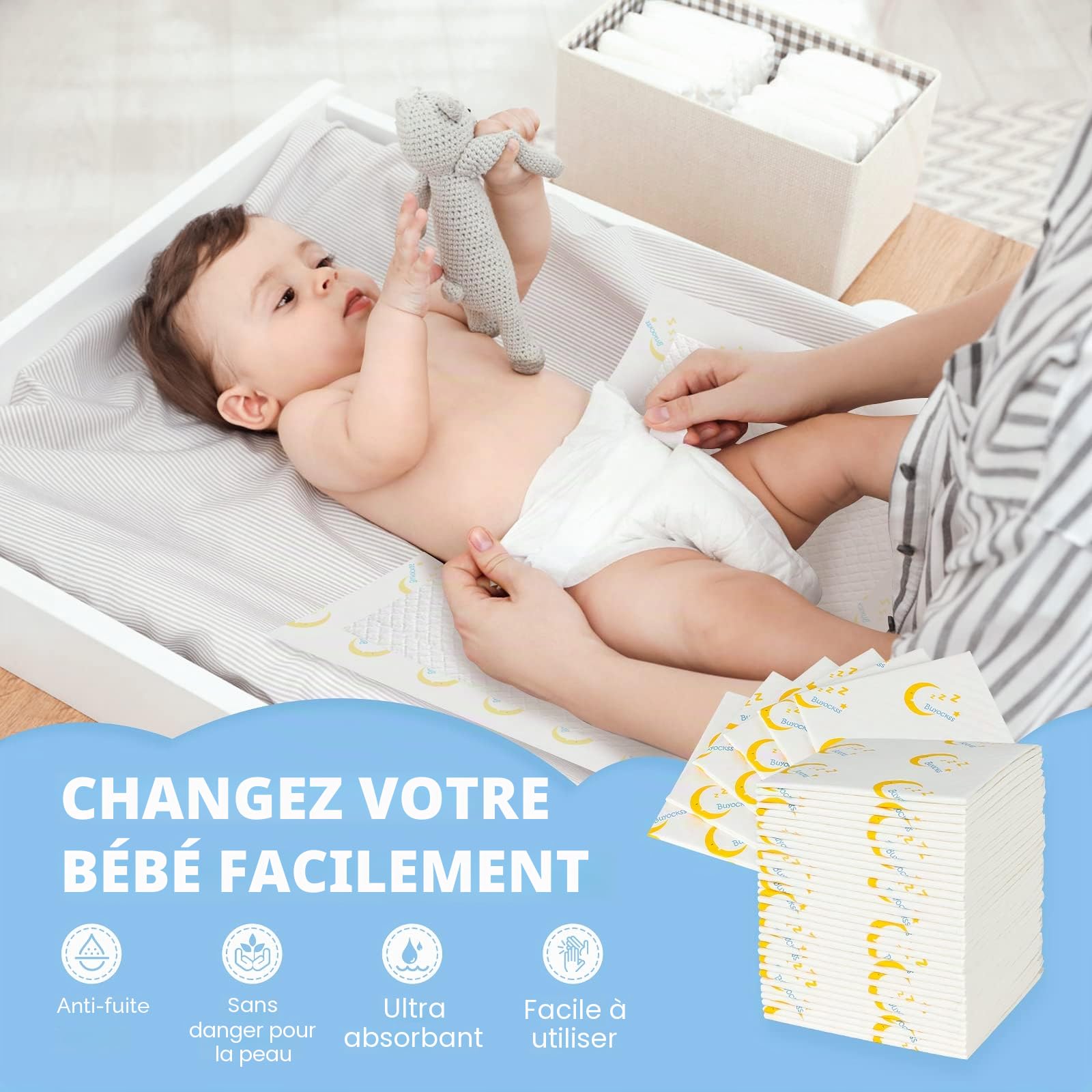 Lot de 100 alèses à Langer jetables pour bébé - Absorption Rapide - Doux, Respirant, imperméable - Anti-Fuite - 33 x 45,7 cm