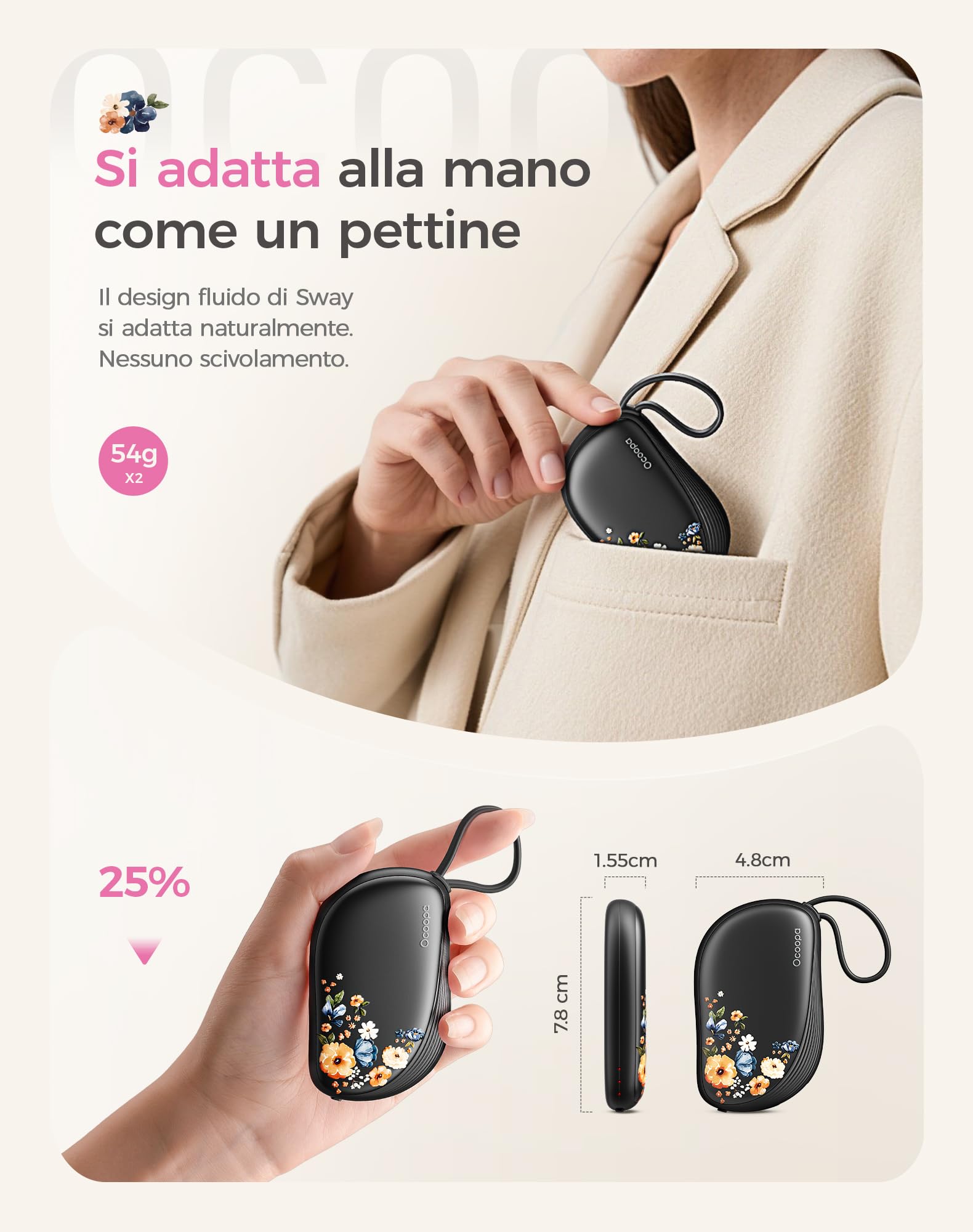 OCOOPA Scaldamani Ricaricabili 2 Pezzi, Design Ispirato A Un Pettine, Portatile Scalda Mani USB Elettrico 4000mAh, Ultrasottile 1,5 cm,Per Guanti e Tasche, Regalo Di Natale Perfetto Per Donna,UT5 Sway