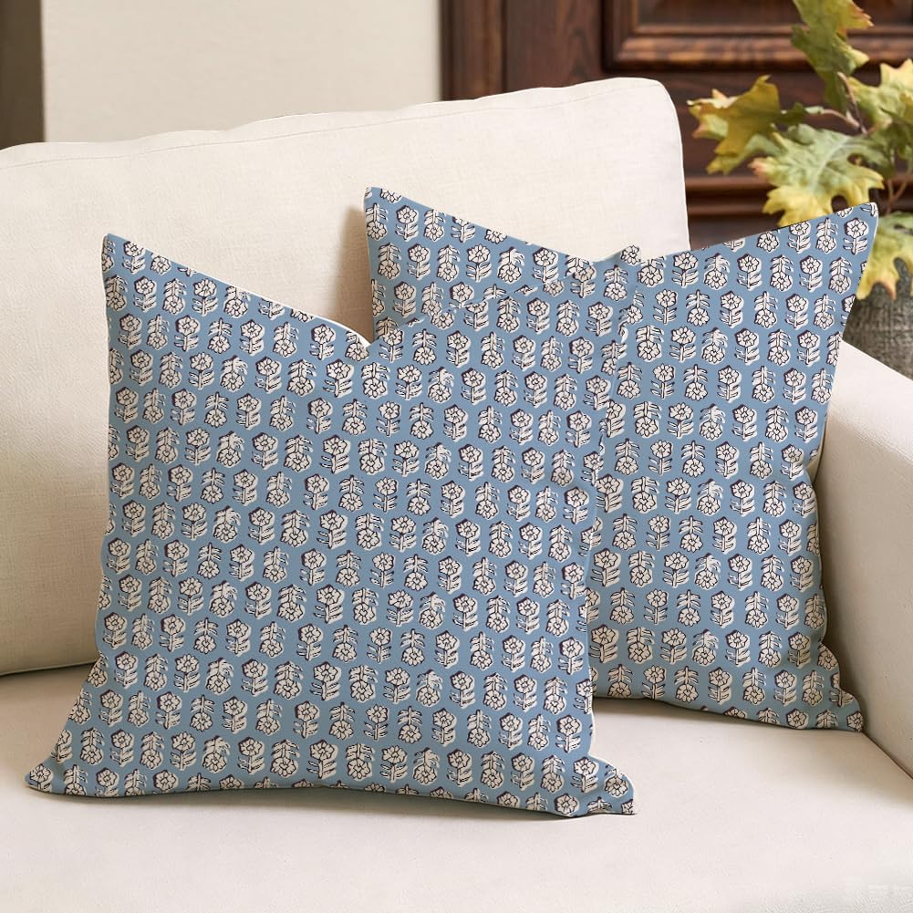 RABUSOFA Blau Boho Blockdruck Kissenbezug 45x45 2er Set Kissen Modern Wohnzimmer Deko Outdoor Couchkissen Sofakissen für Garten Sofa Decorations Indoor Baumwolle Leinen