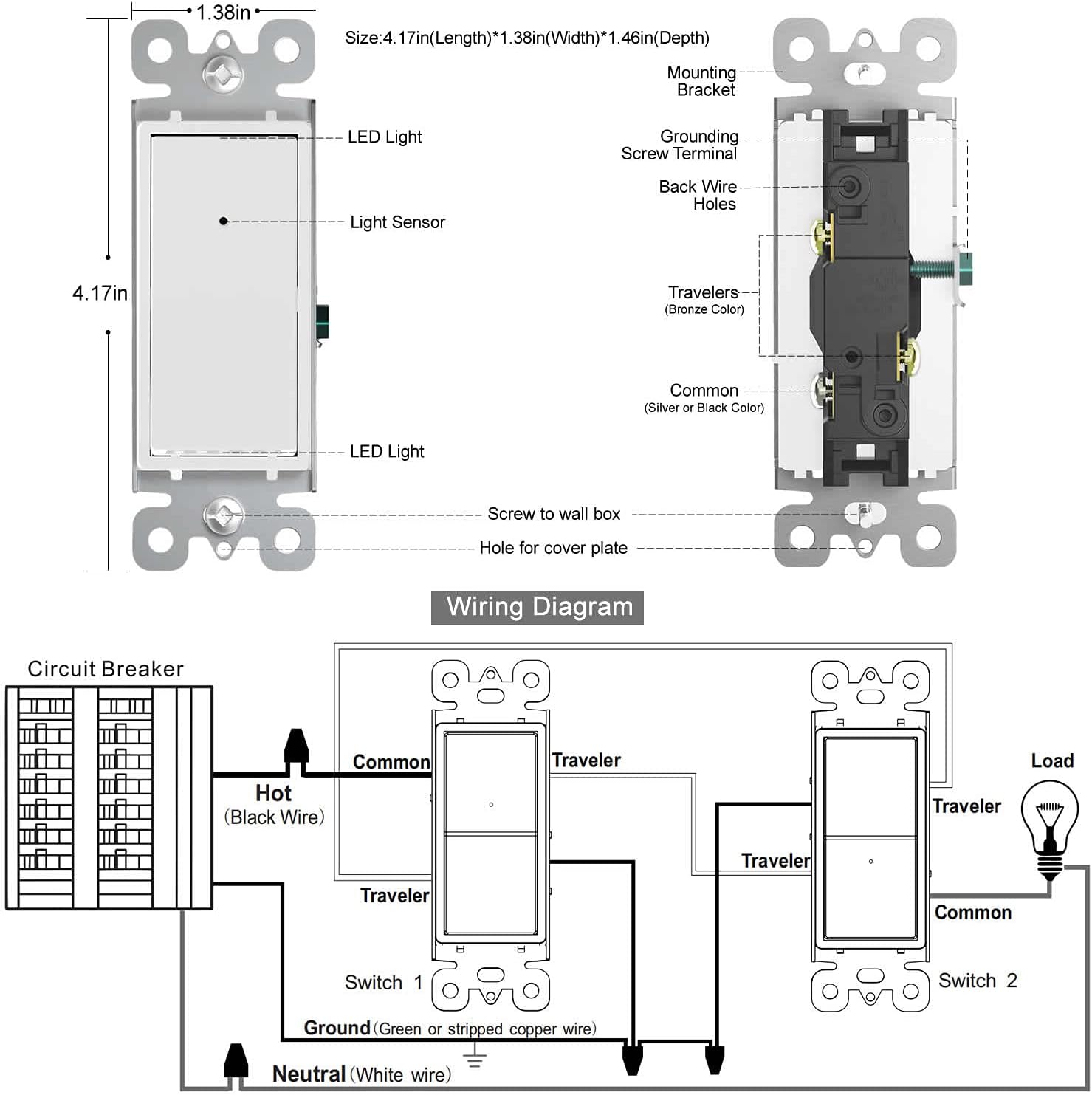Review Discount SOZULAMP 3 Way Light Switch with Night Light-Easy to Install-No Neutral Required,Illuminated Decora Paddle White Wall 3 Way Switch with Light Sensor,15 Amp 110V,Residential Grade(4Pack,Dayligh LED)