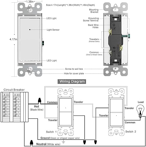 Miniatura 7 de SOZULAMP Interruptor de luz de 3 vías con luz nocturna, fácil de instalar, no requiere neutro, interruptor de pared blanco iluminado de 3 vías con