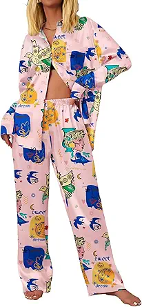 Ekouaer Womens Satin Silky Pajama Set 2 Piece Print PJs Soft Loungewear Button Down Sleepwear with Elastic Waist Long Pants