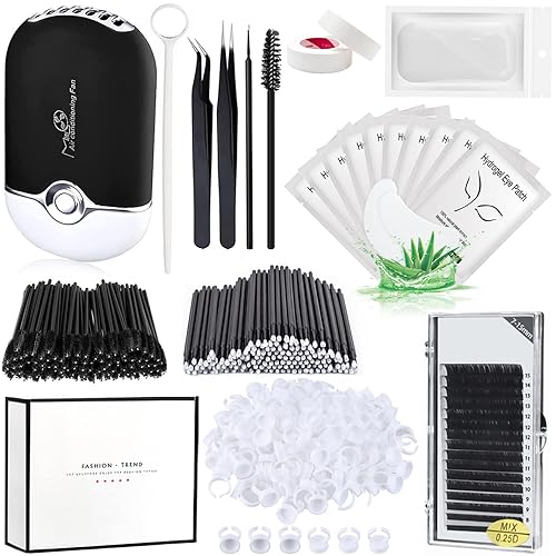Kit de suministros de extensión de pestañas con pestañas individuales 0.07D rizo mixto 7-15mm secador de ventilador de pestañas USB parche de gel