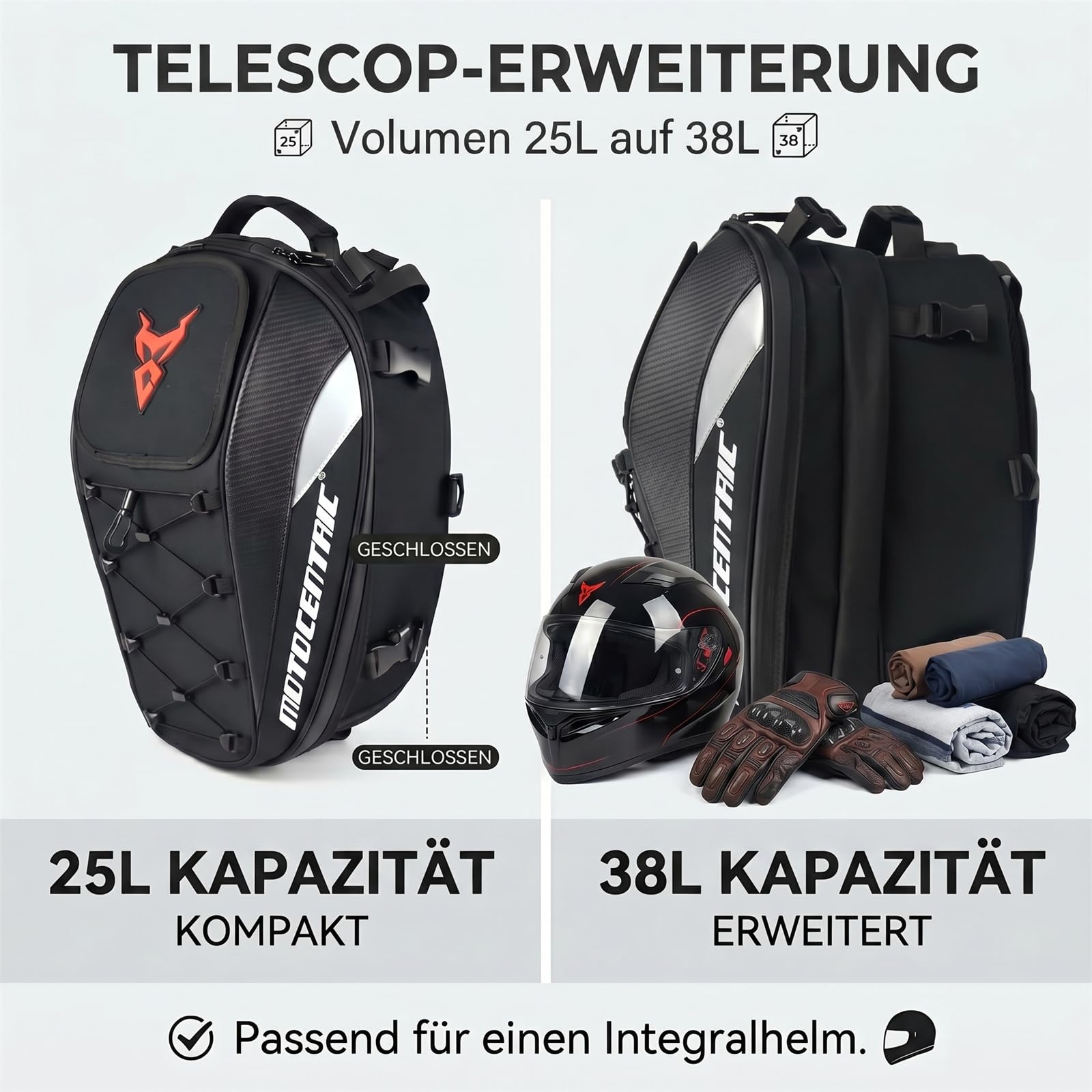 MOTOCENTRIC Motorrad Hecktasche Erweiterbar 25L-38L, Motorradrucksack mit Regenhaube, Wasserdichte Soziustasche Carbon-Optik für Touren & Alltag
