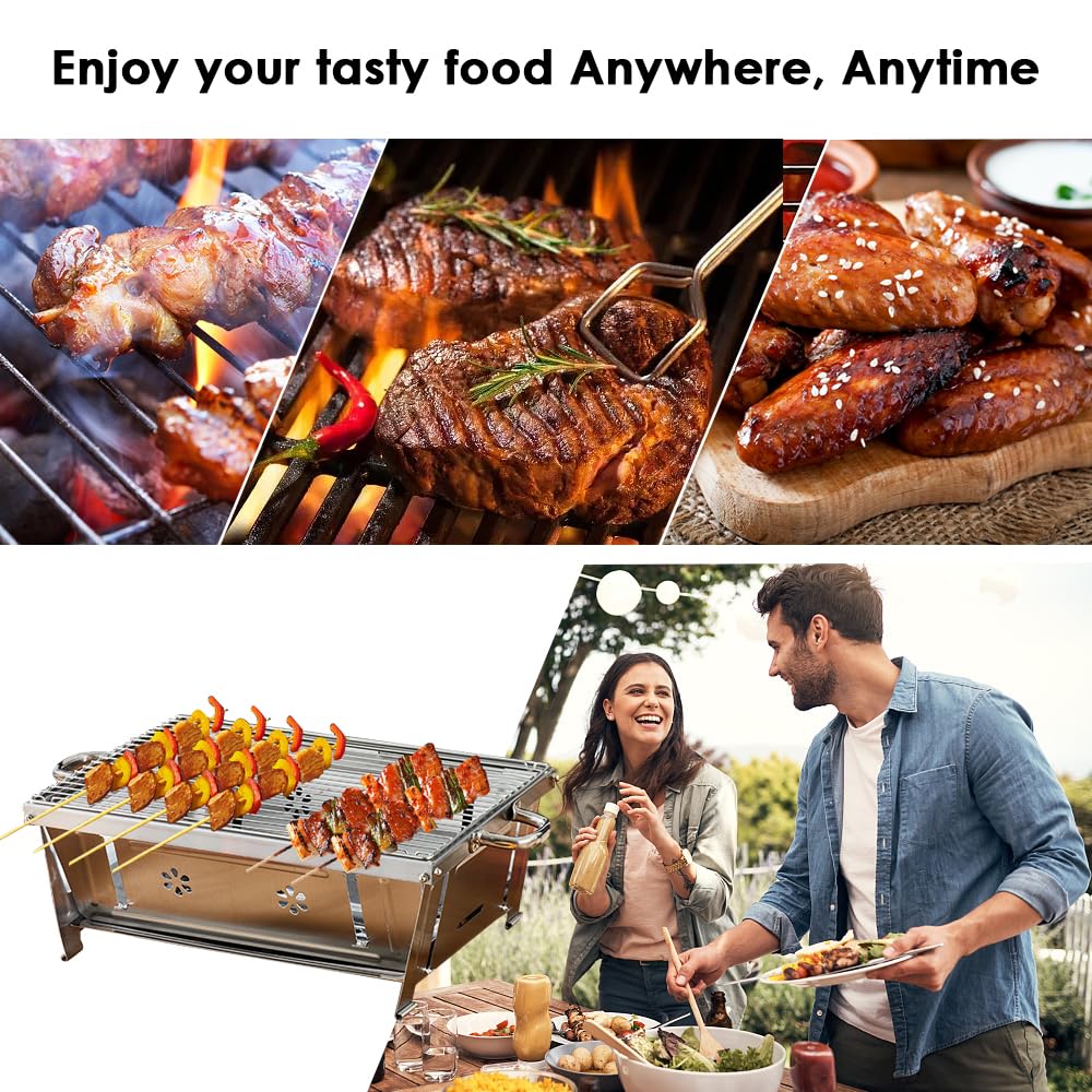 Grill na węgiel drzewny, grill piknikowy, ze stali nierdzewnej, przenośny, składany grill kempingowy, na imprezy ogrodowe, na zewnątrz, grill stołowy, węgiel drzewny, przenośny