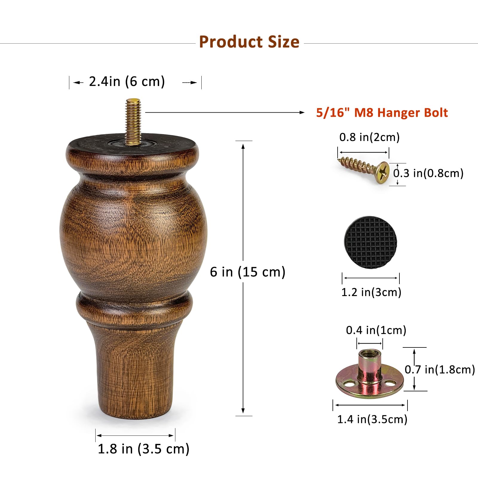 Aiminjey 15cm Wooden Furniture Legs Set of 4 Sofa Replacement Brown Solid Wood Furniture Feet for Armchair Couch Cabinet Dresser Ottoman TV Stand Bed Legs with Mounting Plates Screws (6inch) - Image 3