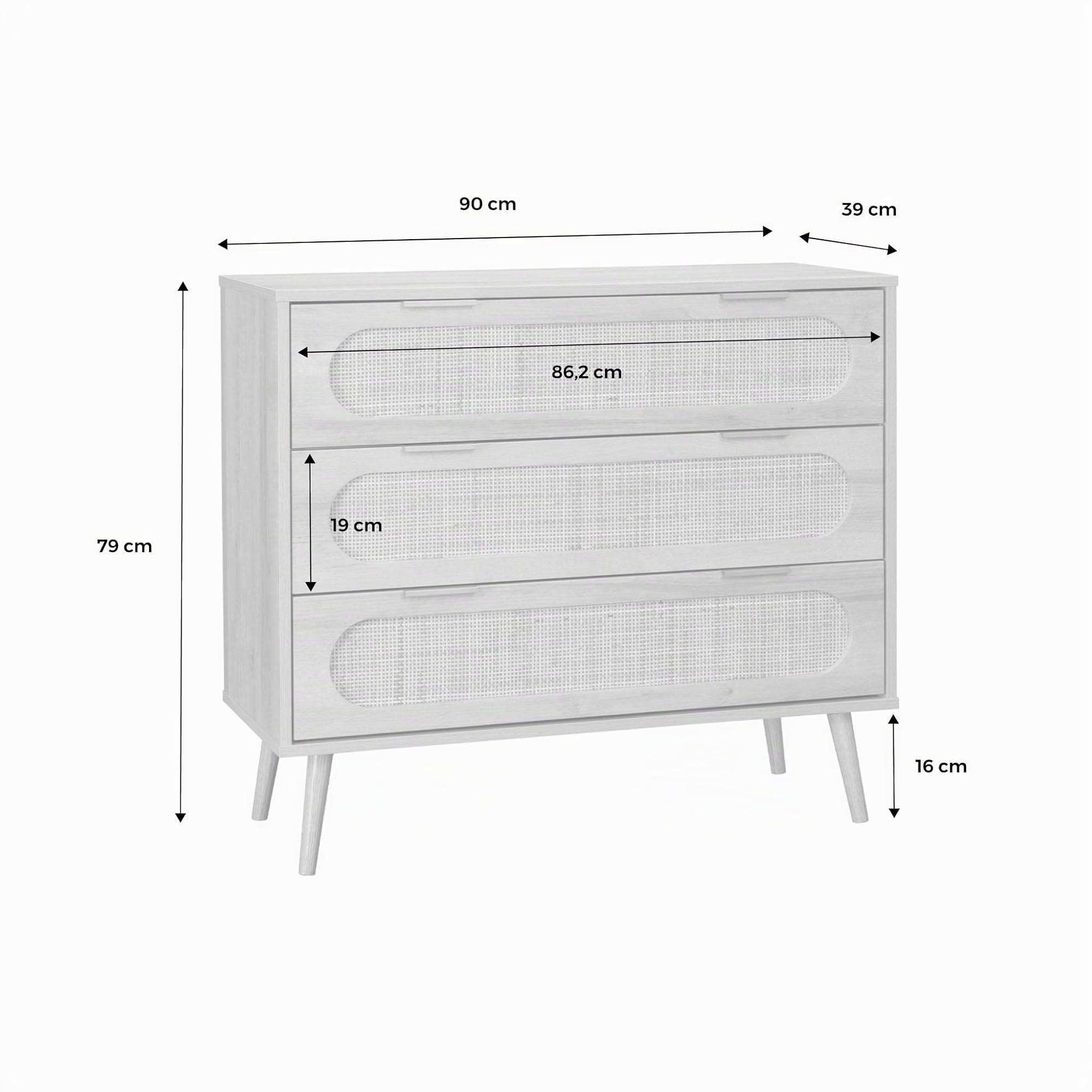Alice's Home - Commode. Eva. décor Bois et cannage Arrondi. 3 tiroirs L 90 x l 39 x H 79cm