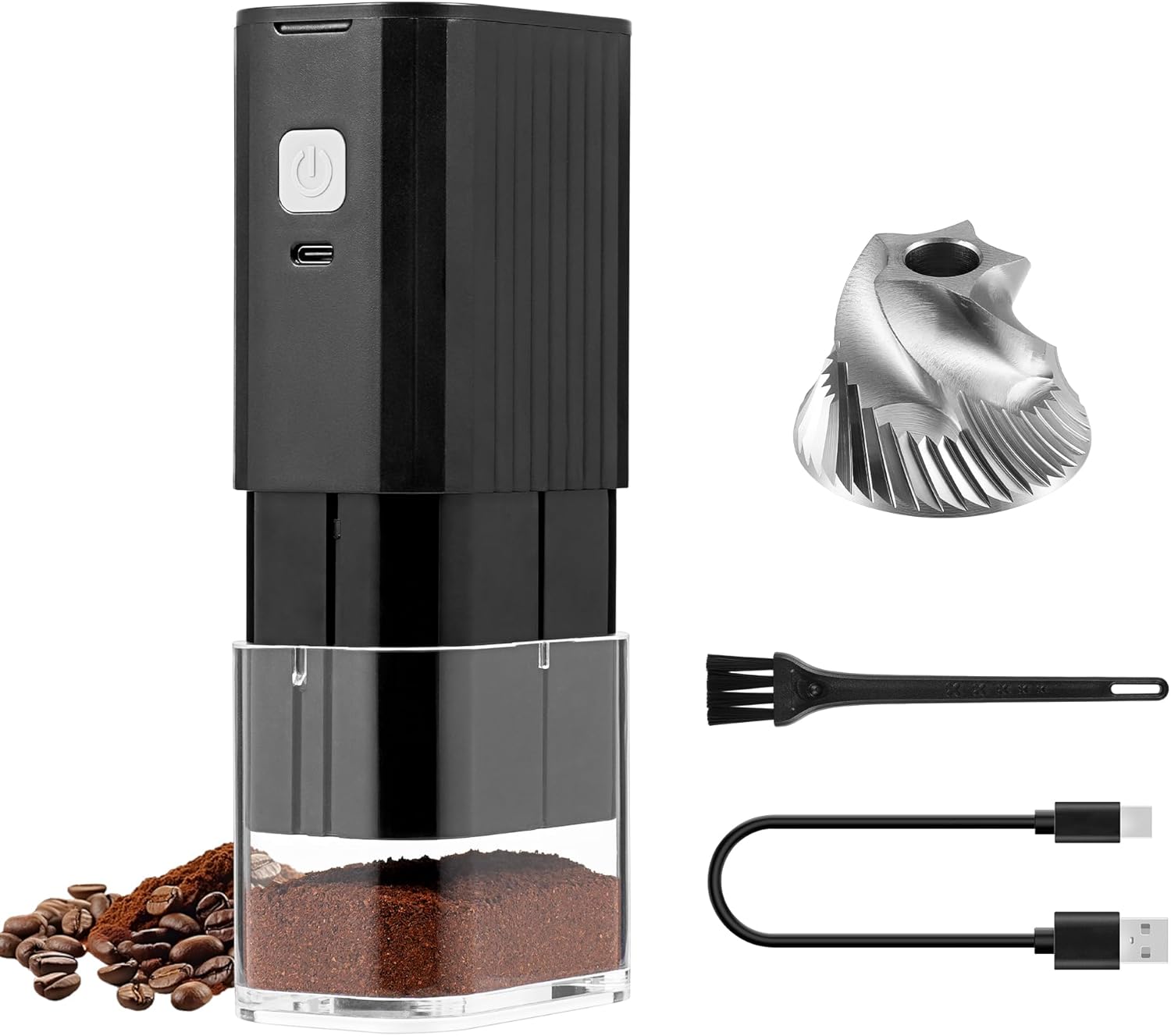 VEVOK CHEF Portable Electric Coffee Grinder,Adjustable Stainless Steel Burr Coffee Bean Mill,One-Button Grinder with USB Rechargeable,Auto‑Stop for Espresso to French Press,for Outdoor Use(Black)