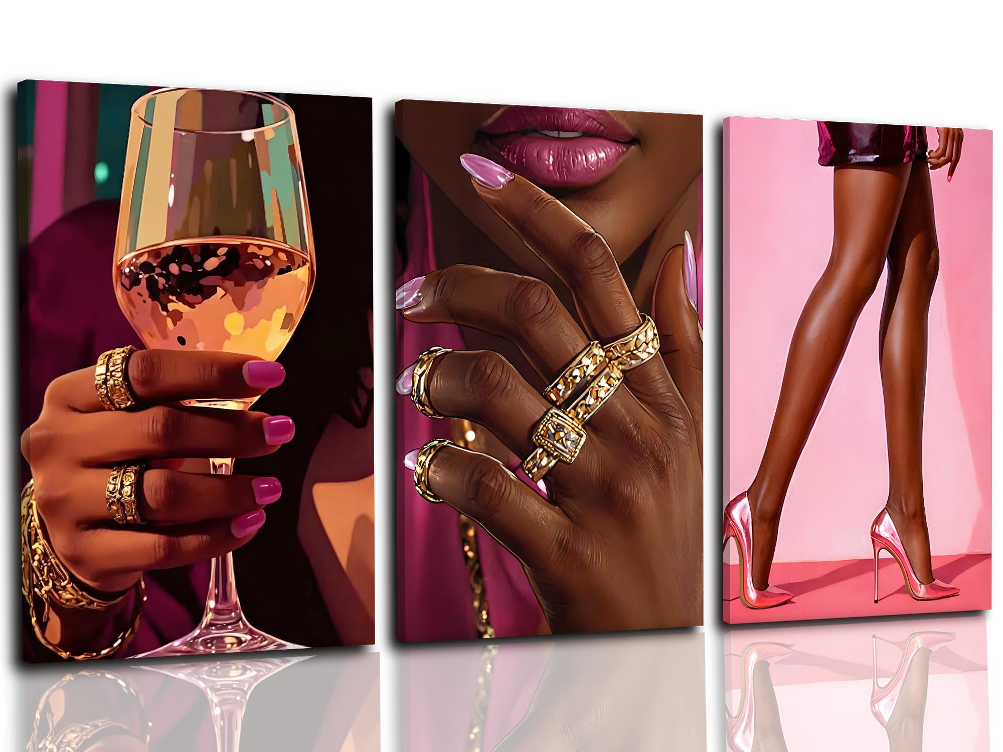 Pormipone 3 Pcs Pink Black Girl Wall Art, African American Women Painting Poster, Fashion Black Girl Canvas Print Pictures Decor for Living Room,