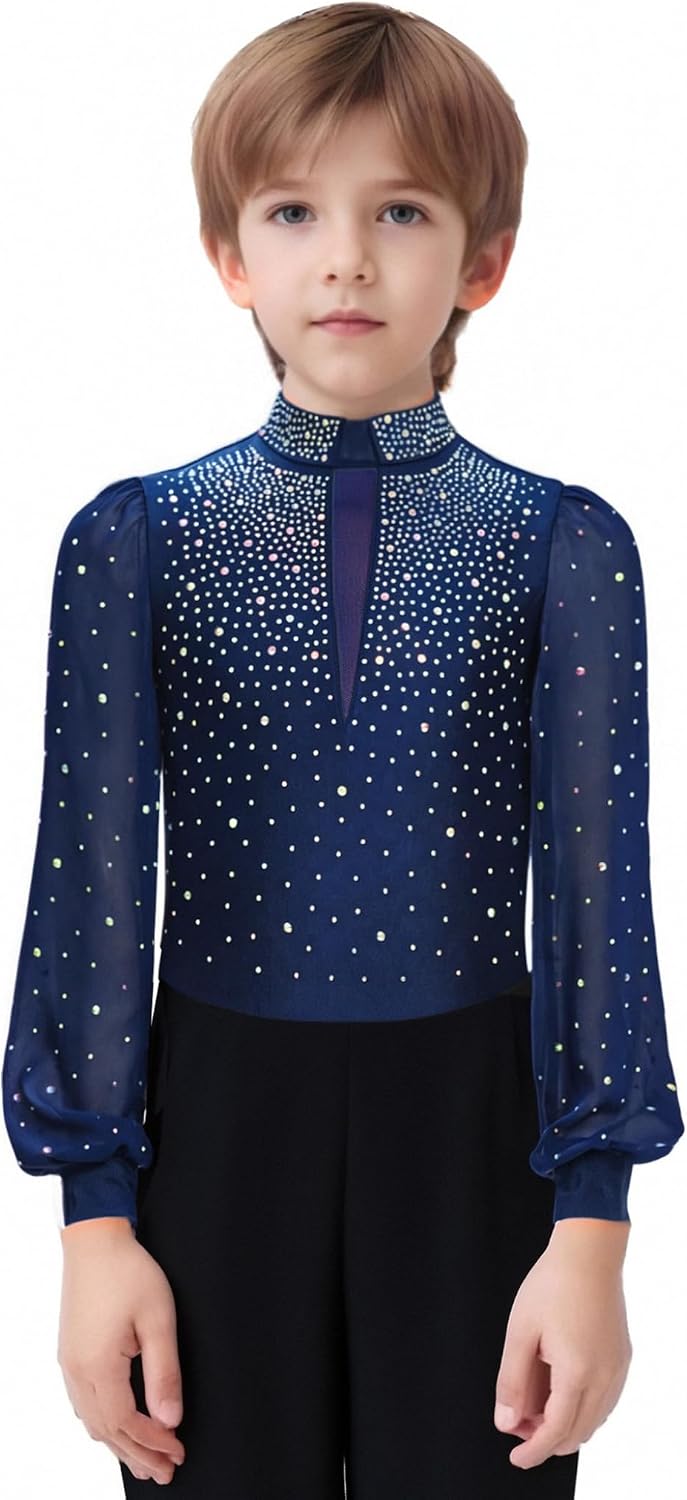 XUNZOO Boys Figure Ice Skating Dance Leotard Sparkly Rhinestone Latin Jazz Bodysuit Ballroom Stage Performance Shirt