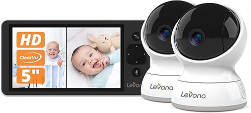 Levana Monitor de bebé Ella Video, pantalla 720P de 5 pulgadas, 2 cámaras PTZ, 4 días de duración de la batería, batería de 3800 mAh, visión