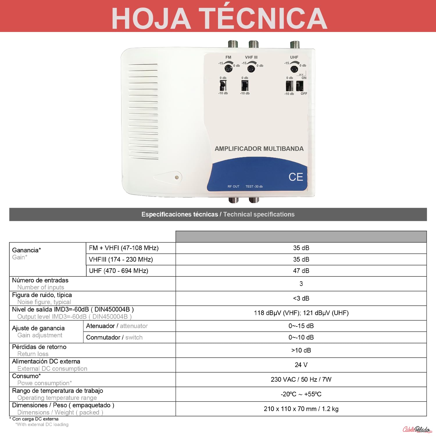 CABLEPELADO - AMPLIFICADOR MULTIBANDA Cablepelado | FM + VHFIII + UHF | Ganancia hasta 47 dB | Alimentación 220V | LED indicador | Ideal para TDT, SAT y FM