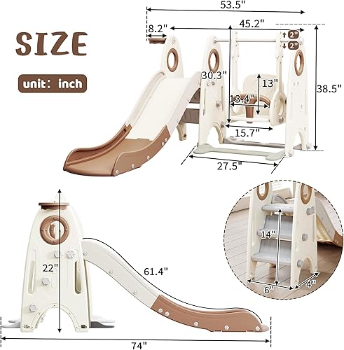 Miniatura 7 de Merax Juego de tobogán y columpio 4 en 1 para bebé, tobogán interior para niños con aro de baloncesto, escalador y columpio, tobogán para patio de