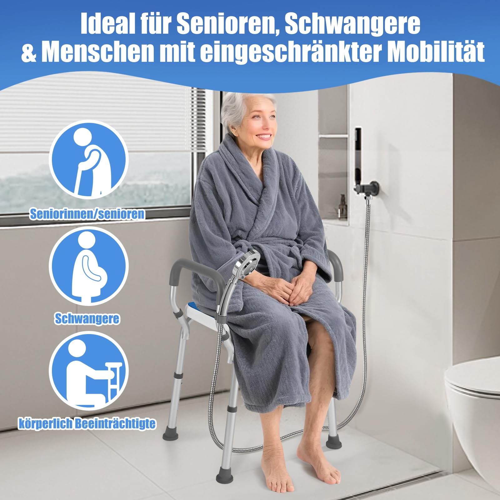 Duschhocker mit Armlehnen&EVA-Sitz,Duschstuhl höhenverstellbar als Badestuhl für Senioren,53cm Shower Chair extrabreit,Badhocker bis 150 kg belastbar,Duschhilfe werkzeugfreie Montage,Shower Stool