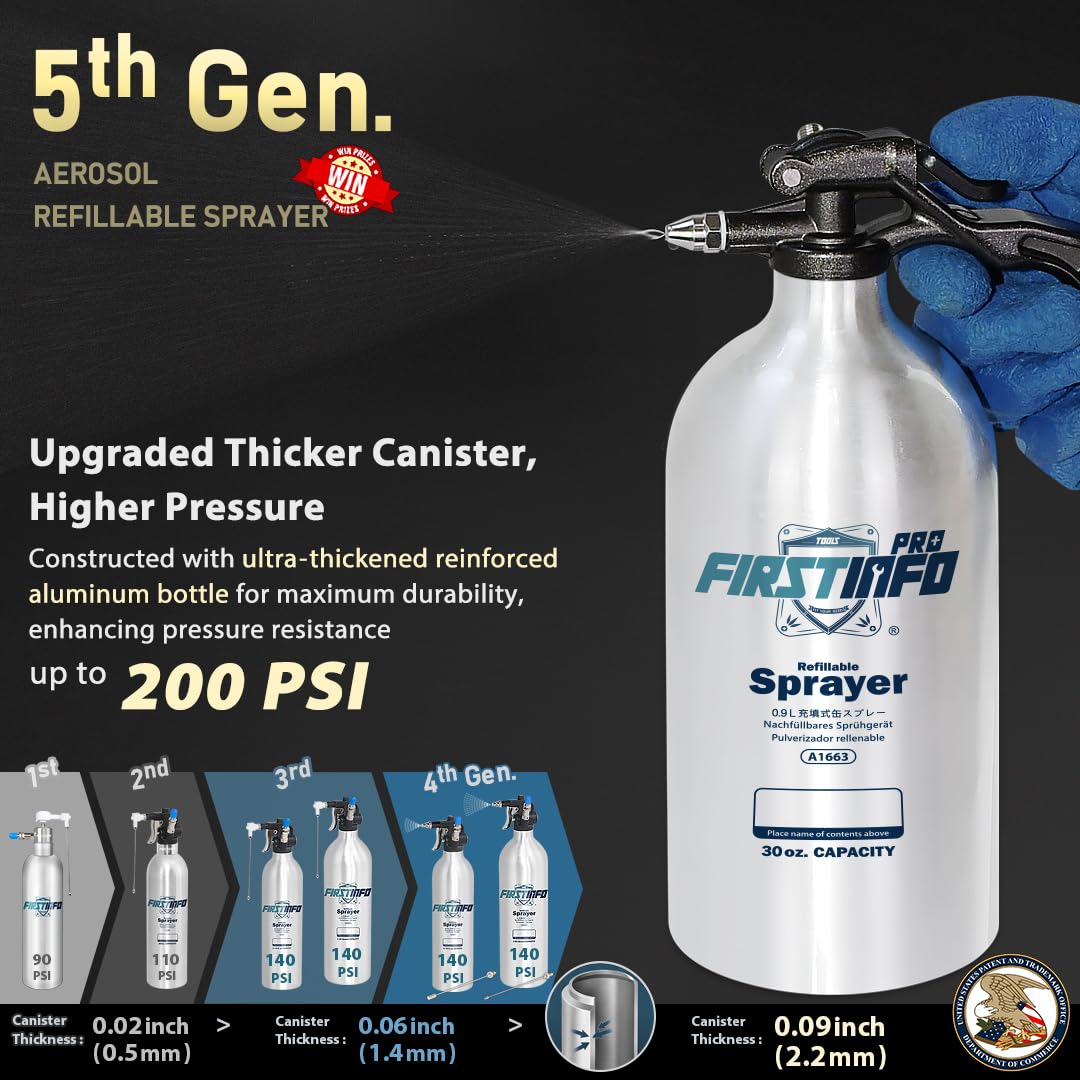 FIRSTINFO Pulverizador Recargable para Limpiador de Frenos 900 ml, Botella de Aluminio Sin Aerosol para Disolventes y Desengrasantes, Pulverizador Presurizado con Boquilla Niebla y Chorro Largo, A1663