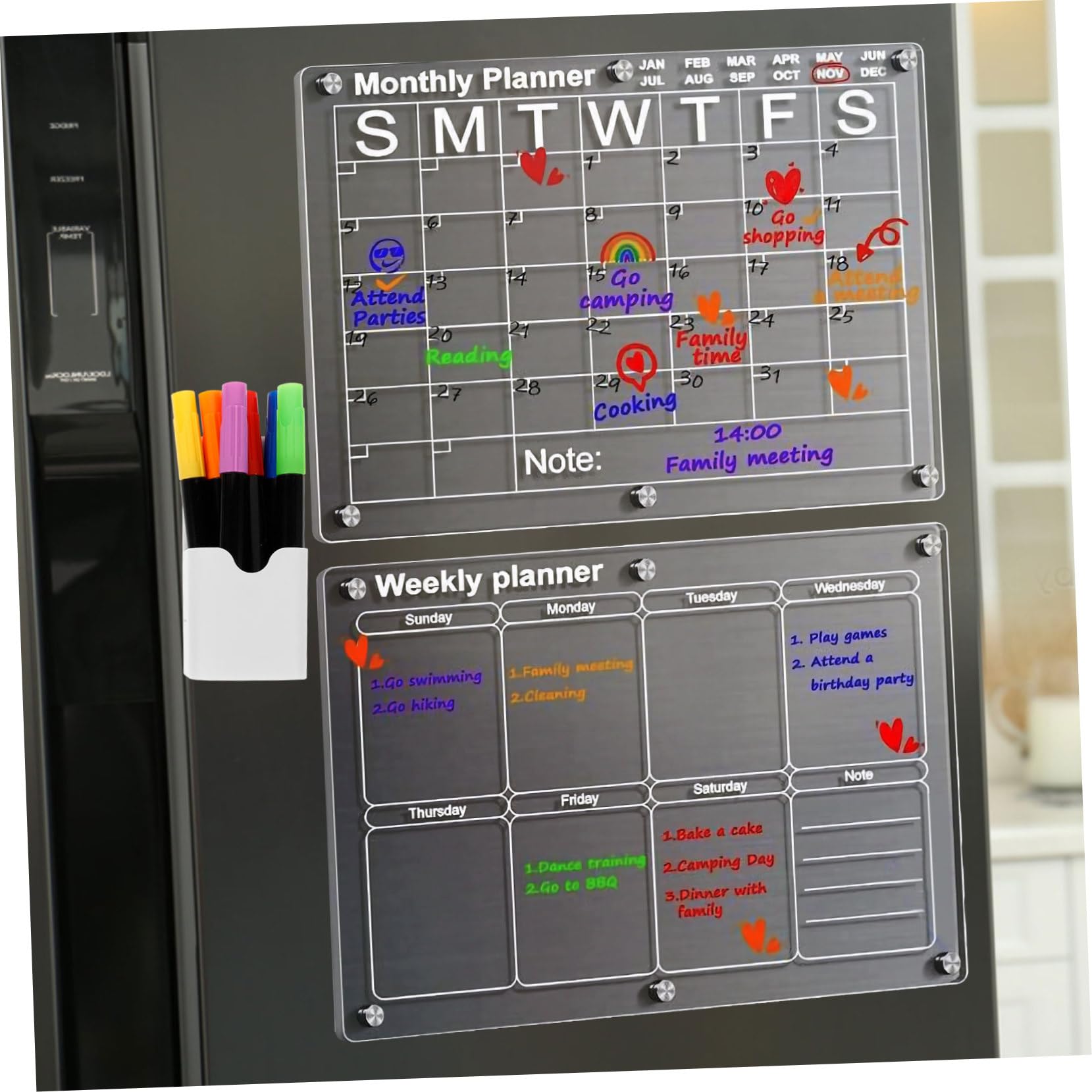COLLBATH 1ensemble Calendrier Magnétique Transparent Acrylique Pour Réfrigérateur Tableau Mensuel Et Hebdomadaire Effaçable Organisateur De Tâches Et Événements