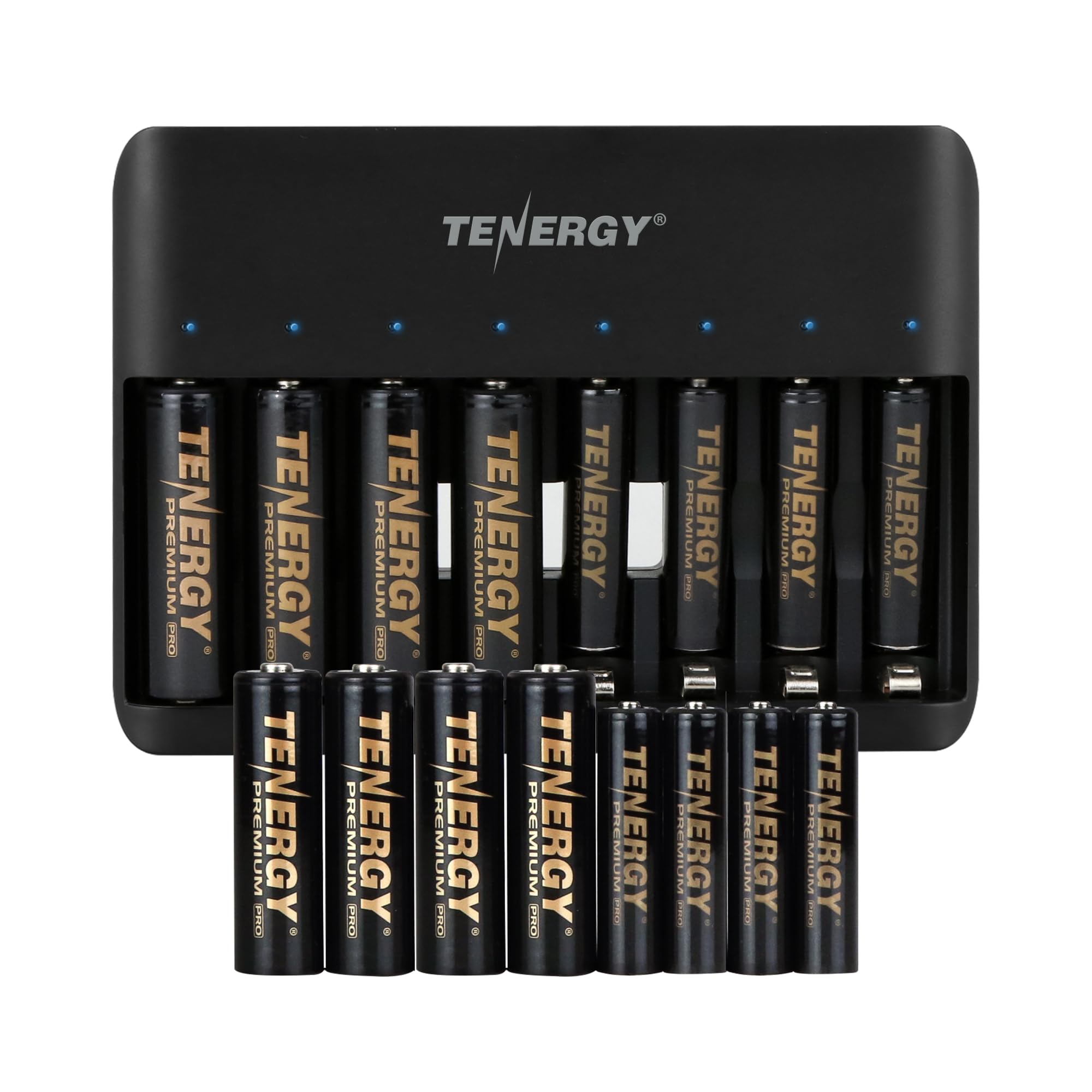 Tenergy TN477U 8-Bay Fast Charger for NiMH/NiCD AA AAA Rechargeable Batteries with 8pcs AA and 8pcs AAA Premium Pro Rechargeable Batteries