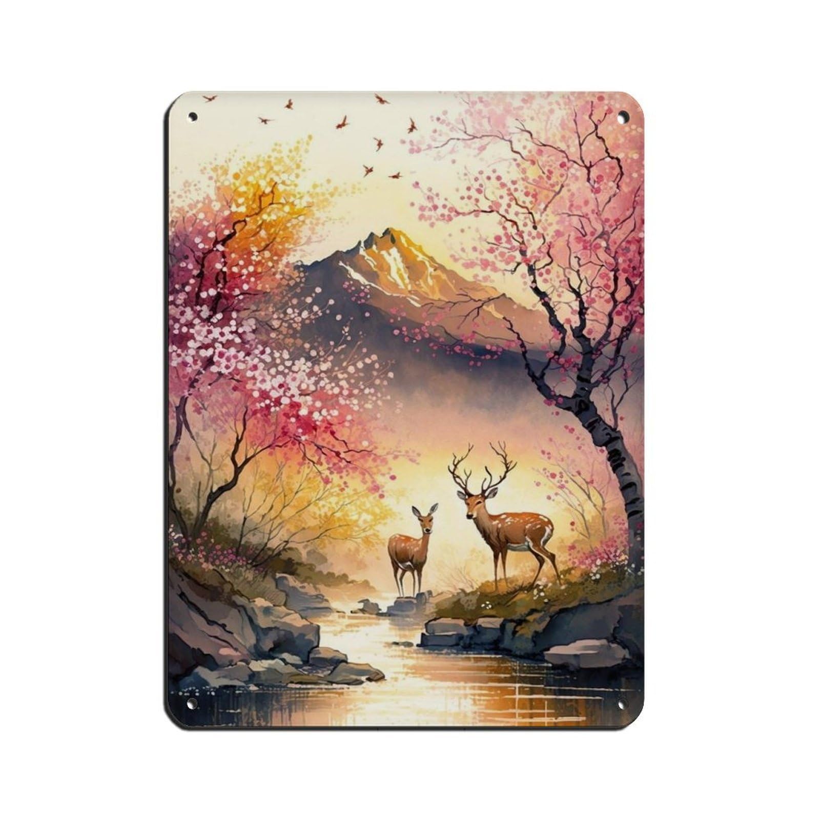Sika Deers by The River,Japanese Landscape Tin Sign Vintage Metal Pub Club Cafe Bar Home Wall Art Decoration Poster Retro 12x16inch(30x40cm)