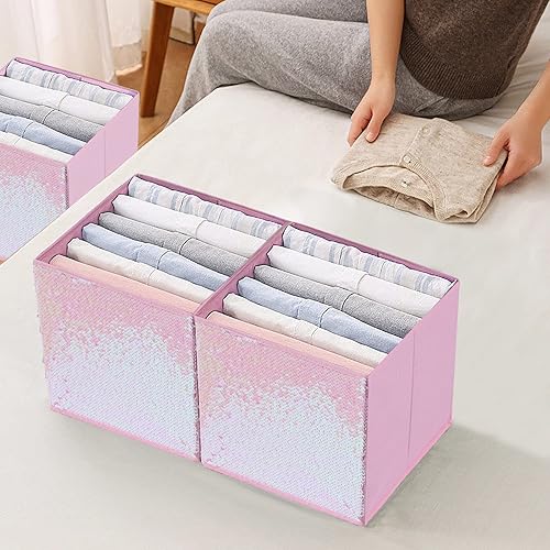 Miniatura 7 de ELUCHANG Paquete de 6 cubos de almacenamiento para niñas, cubos de almacenamiento plegables de tela de lentejuelas de 10 pulgadas con asa, cubos de